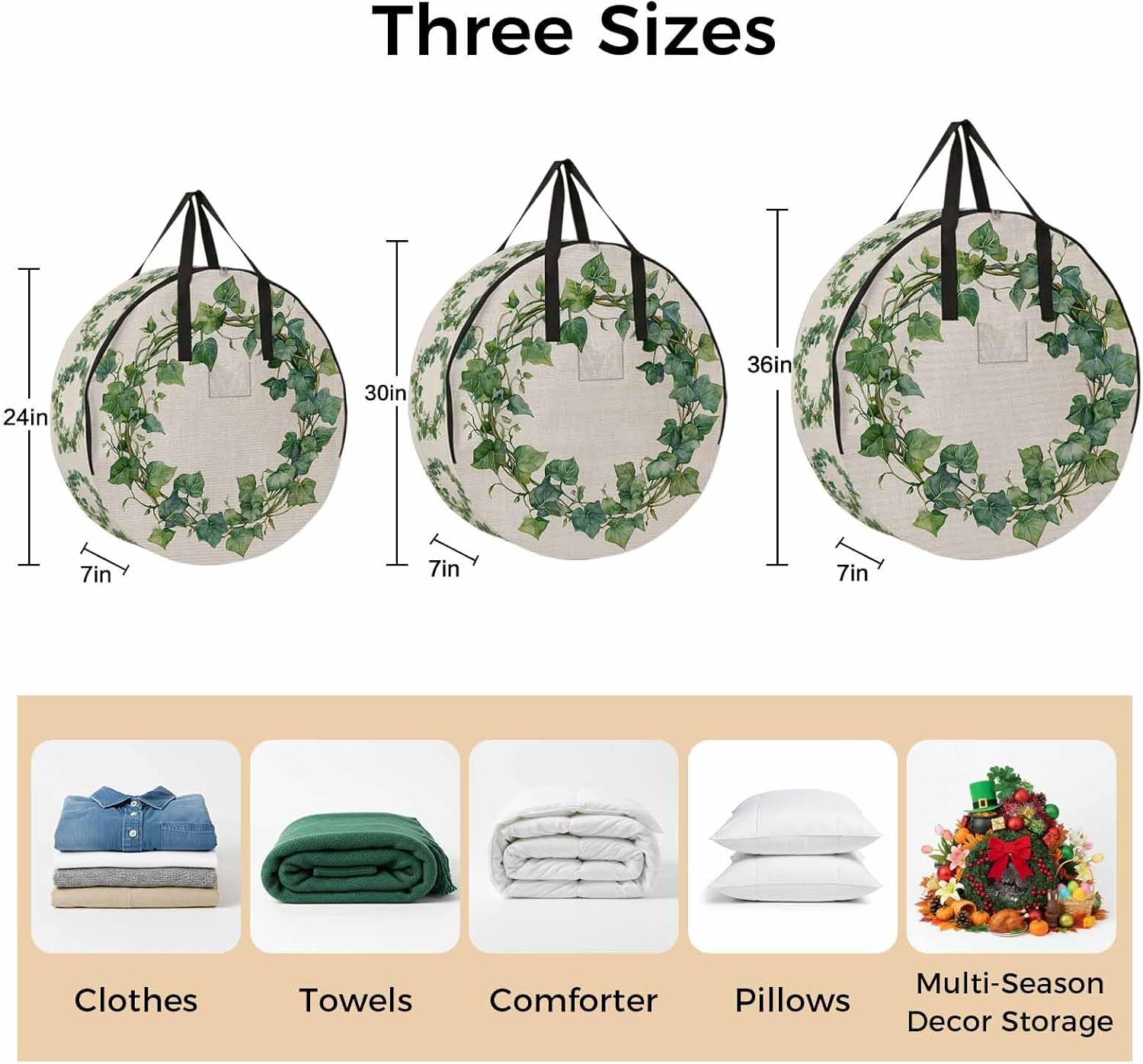 Spring Plant Round Storage Bag 36 Inch, Green Circle Flower Linen Texture Clothes Storage Container with Handles Heavy Duty Organizer for Comforter, Bedding & Holiday Wreaths