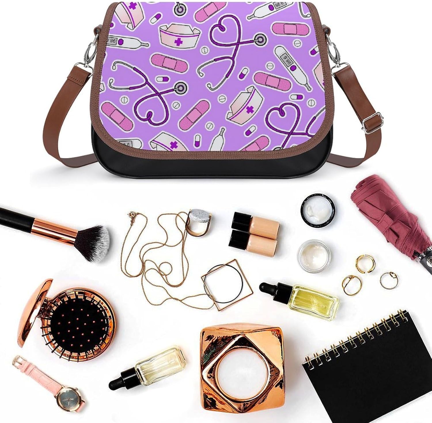 Nurse Love Print PurpleWomen's Faux Leather Crossbody Bag, Waterproof Wrinkle-Resistant Shoulder Bag with Detachable Strap, Large Capacity Casual Handbag, Fashion Daily Purse for Shopping Work Dating,