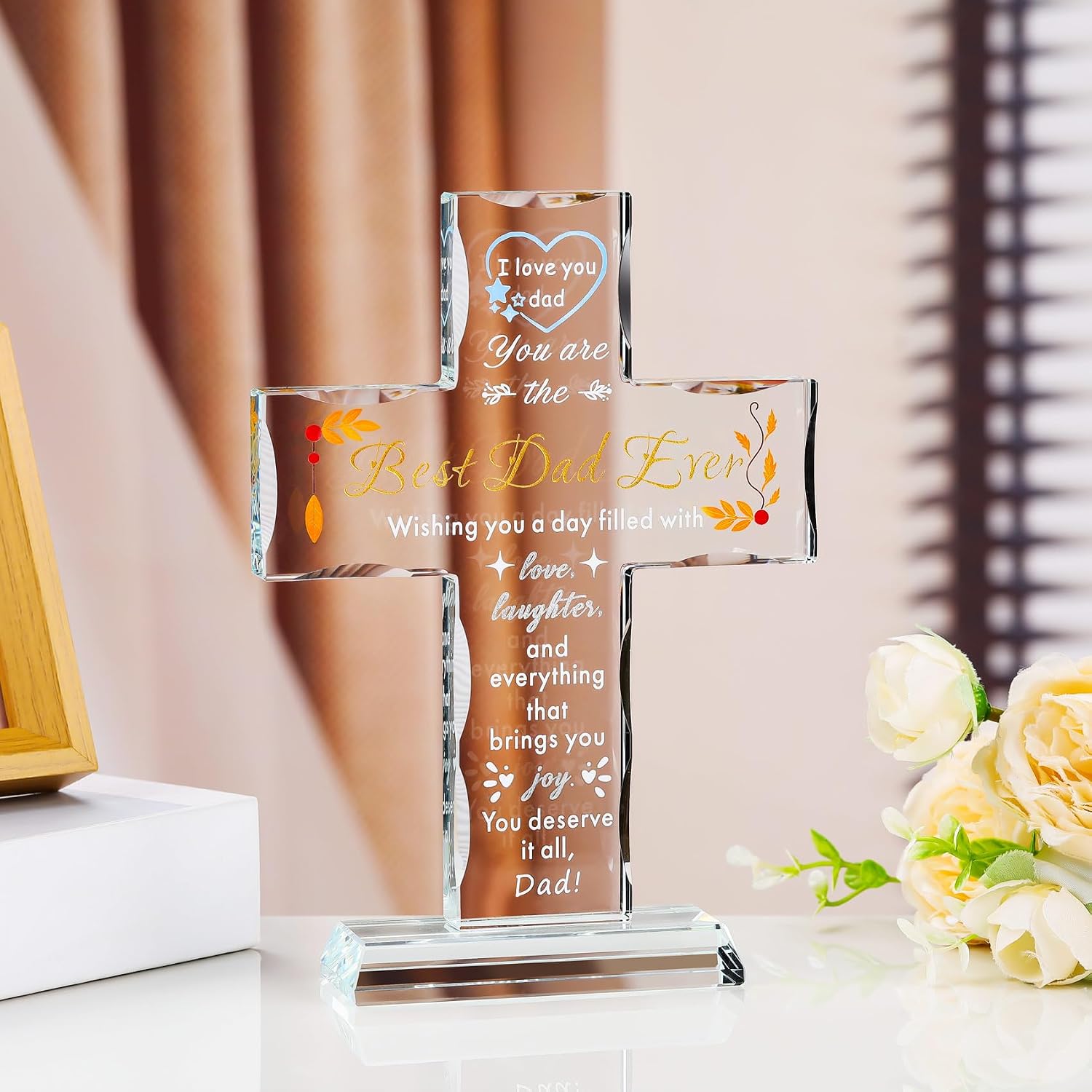 YWHL Glass Cross Birthday Gift for Dad from Daughter, Best Dad Ever Gifts | Dad Gifts for Fathers Day Christmas, Laser Engraving Cross Father Present, Gift for Dad Who Wants Nothing