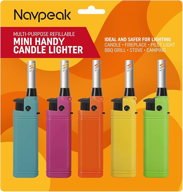 Navpeak Mini Candle Gas Lighter Multipurpose Lighter Utility Lighter with Extended Wand Handy Refillable for Kitchen Fireplace Pilot Light DIY BBQ Grill Stove 5 Pack(Butane Included)