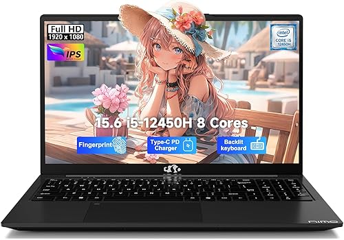 NIMO Laptop FHD-IPS de 15.6" Intel 8 núcleos i5-12450H (hasta 4.4 GHz, Beat i7-11800H), 8 GB de RAM 256 GB SSD 100 W PD Type-C huella dactilar, 2