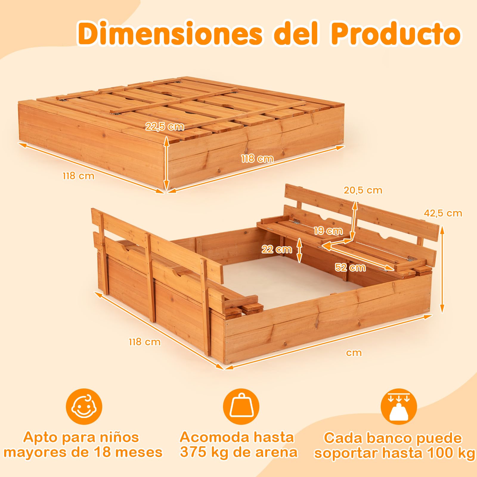 COSTWAY Arenero de Madera, Caja de Arena de con Tapa, Arenero Infantil con Bancos Plegables y Forro de Protección Inferior, Caja de Arena para Playa Patio para Niños de 18+ Meses