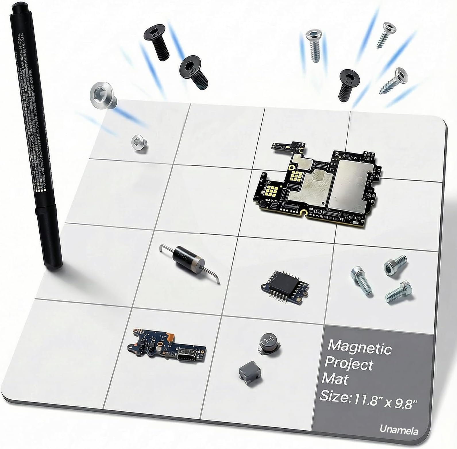 Magnetic Mat Magnetic Project Mat with Waterproof Surface & Dry Erase Pen - Keep Screws and Small Parts Organized for Repairing Phone, Laptop, PC, Electronics - Large Size 11.8 x 9.8 inch