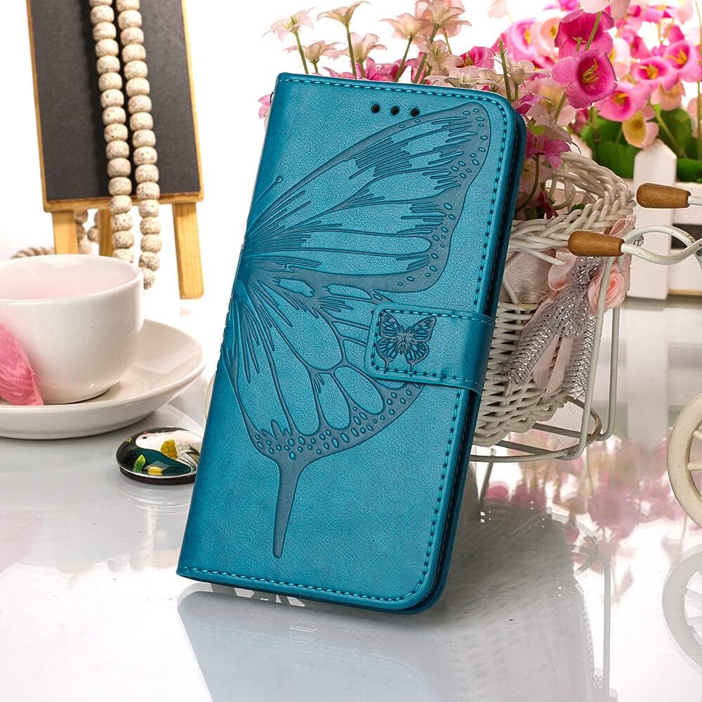 for iPhone 7/8 Plus Wallet Case, 6/6S Plus Case, Butterfly Floral Embossed, Wrist Strap, Card Holder Slots,Stand Leather Protective Flip Cover (Blue) - Image 6