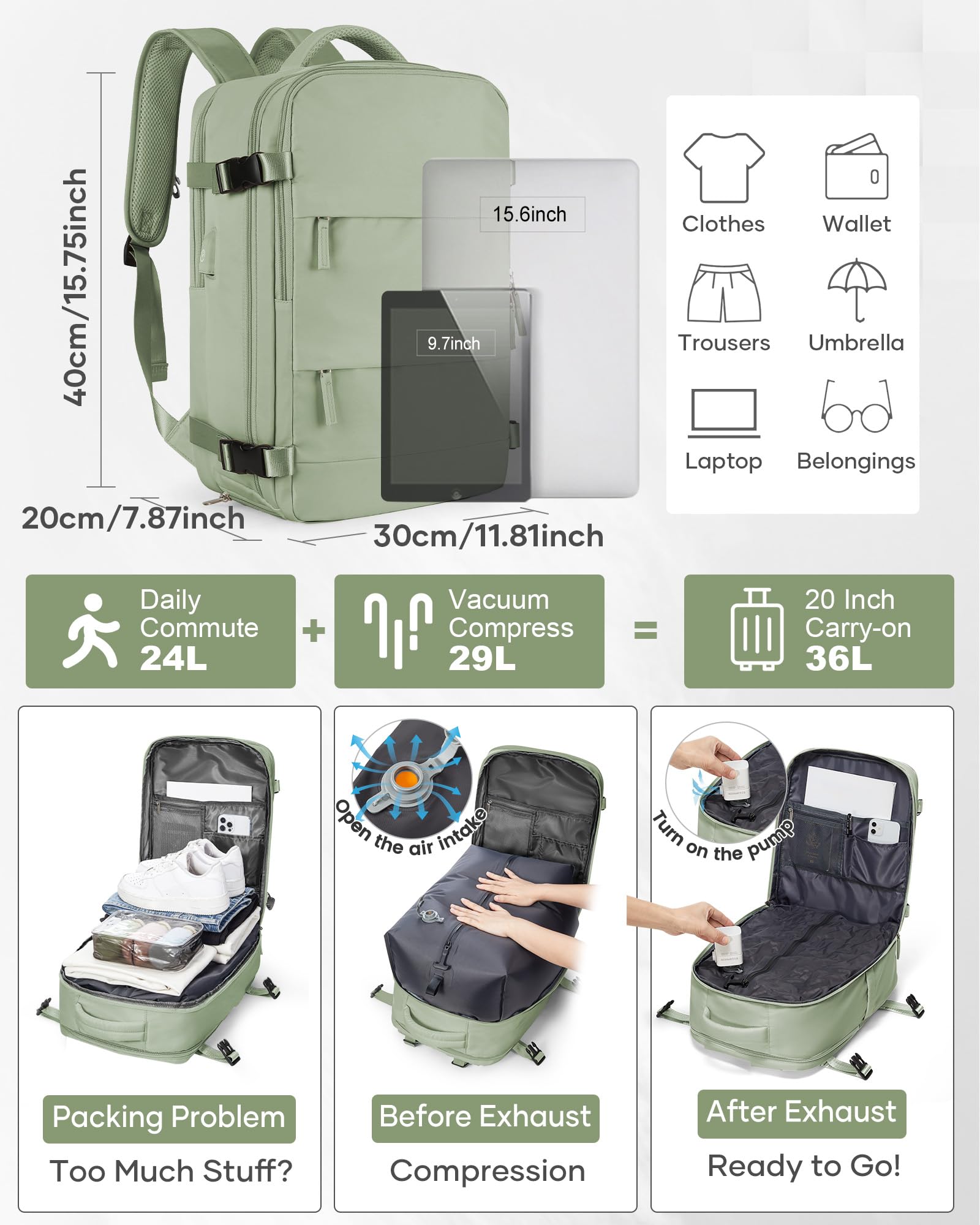 SZLX Zaino A Vuoto Bagaglio A Mano Donna, Zaino Airbag Con Sistema Di Vuoto Per Viaggi, Ryanair Viaggio Ruscksack Dimensione Cabina Con Pompa Impermeabile Uomo Valigia A Vuoto