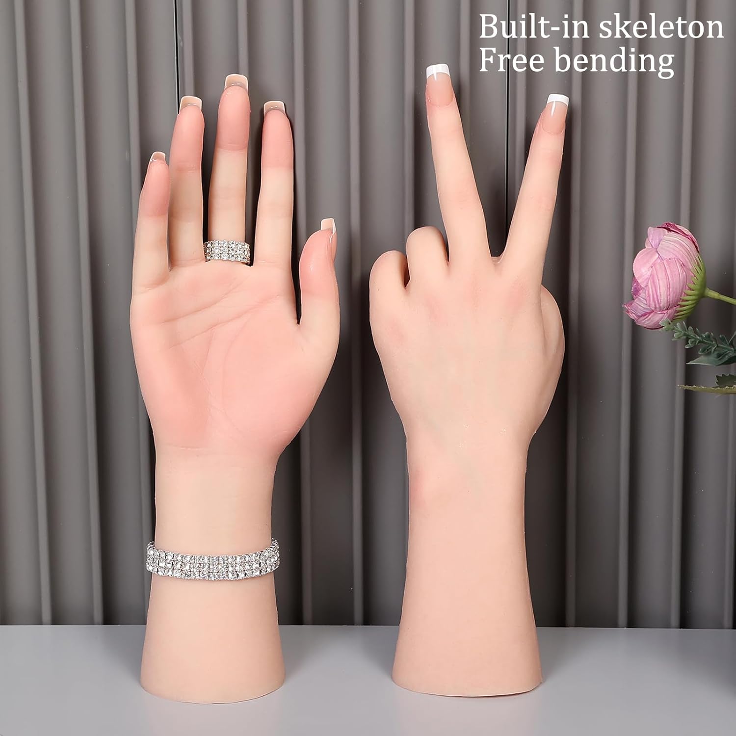 Realistic Silicone Female Hand Model Fake Hand Flexible Finger Bendable Acrylic Nail Mannequin Hand for Jewelry Display Nail Art Practice (Left-Hand)