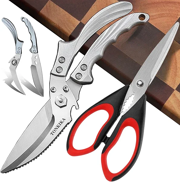 TONKIKA Heavy Duty Kitchen Shears, 2 Pack Detachable Poultry Scissors, Silver Black, Ambidextrous, Dishwasher Safe