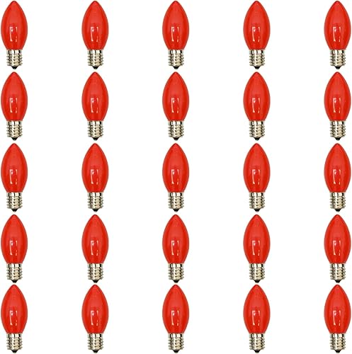 Abeja Paquete de 25 bombillas LED C9 de Navidad, bombillas LED C9 inastillables rojas de repuesto para tira de luces de Navidad, base intermedia