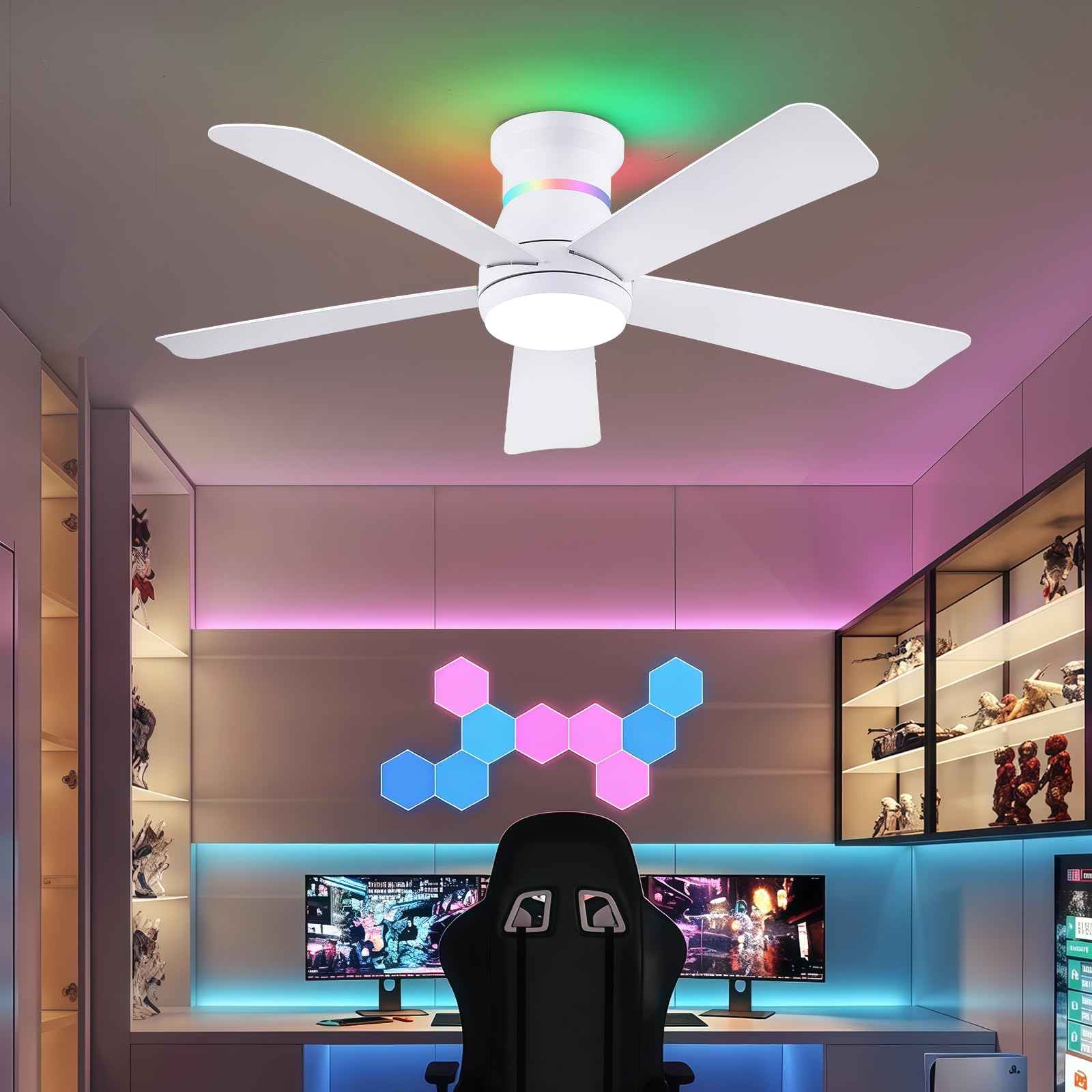 Surtime 117CM Weiße Deckenventilatoren mit RGB-Lichtern, Flush Mount, LED 3CCT dimmbar, Low Profile für Indoor