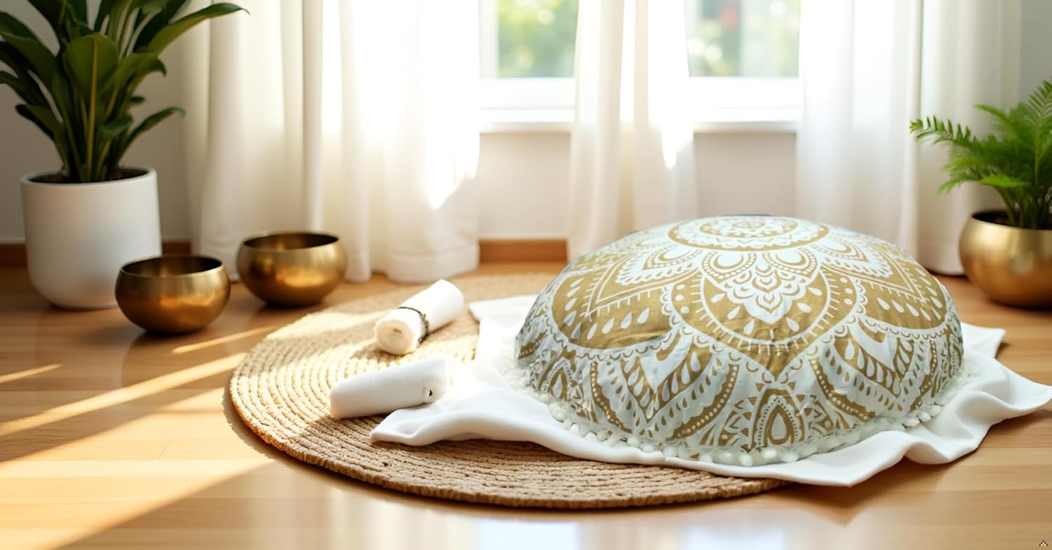 Craft Kala Large Round Bohemian Floor Pillow Cover Boho Pouf Cover Mandala Meditation Room Pillows Cover Adults Seating Poufs Cushion Cover for Kids Reading Playroom White Gold Flower 32 Inch