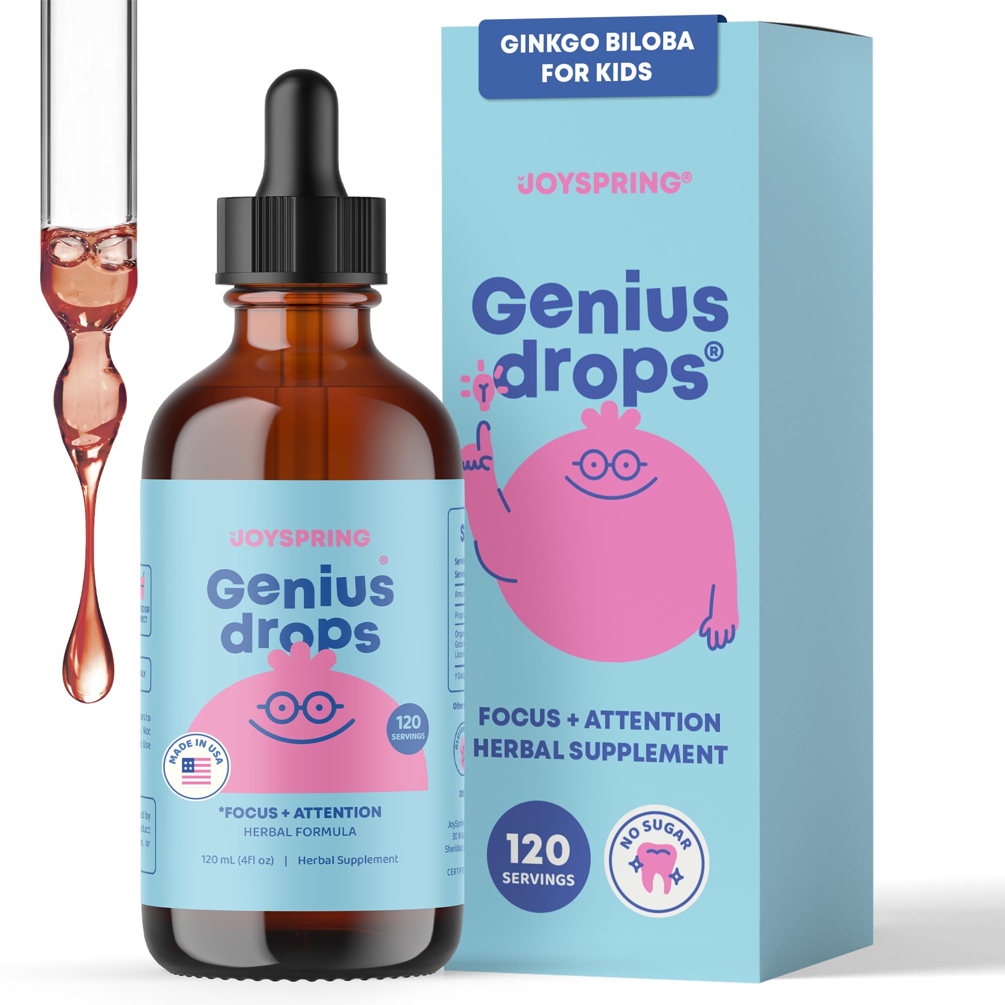 JoySpring Genius Drops - Organic Focus Drops for Kids | Clinically Proven Focus Supplement Helps Kids Perform Better in School | Liquid Herbal Supplement with Ginkgo Biloba | 120 Servings