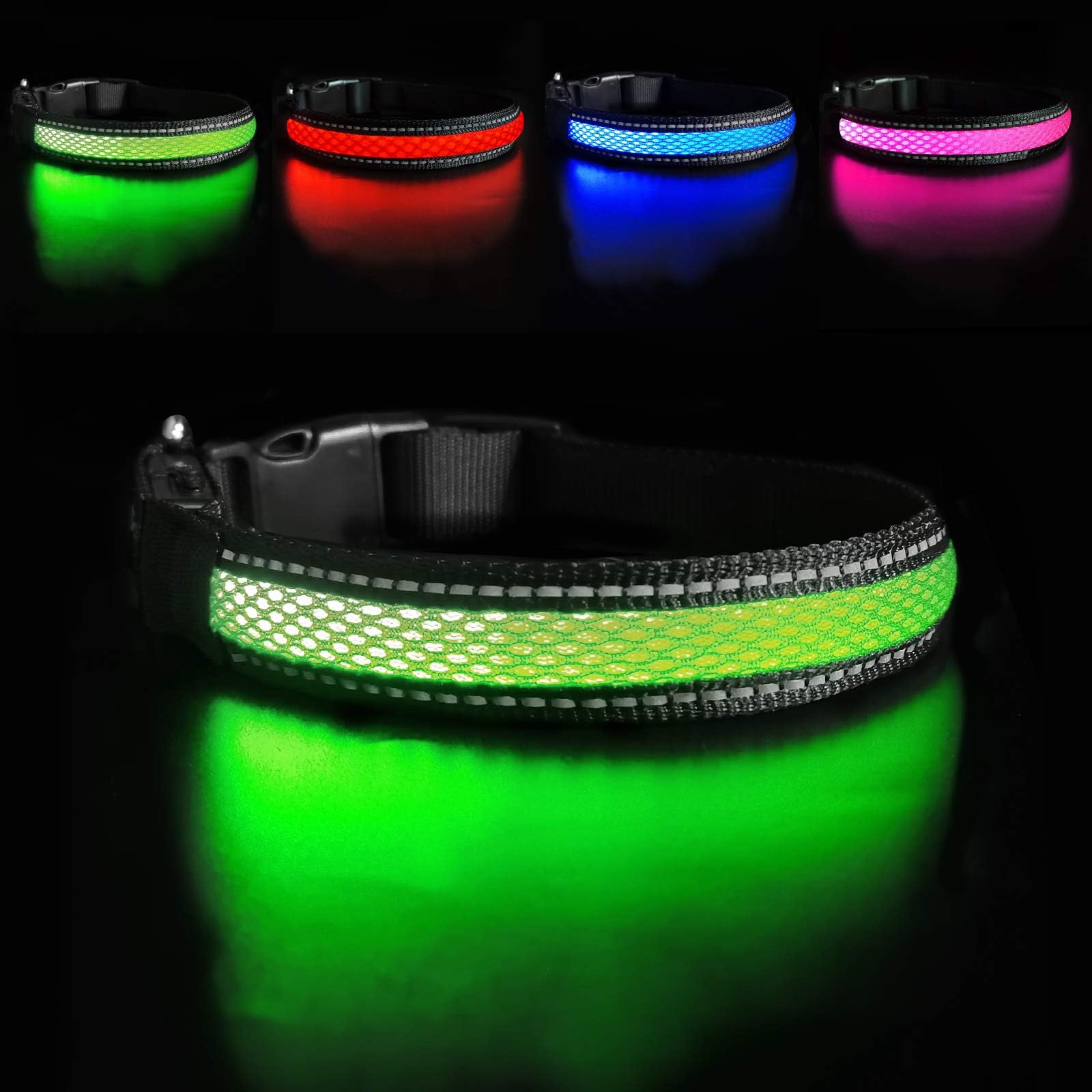 LED Dog Collar Rechargeable Waterproof Light Up Dog Collar Super Bright Safety Flashing Pet Collar Adjustable for Small Medium Large Dogs Improve Visibility & Safety - Green - L