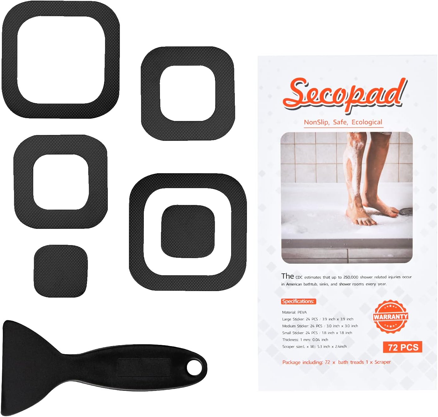 SecopadNon-Slip Bathtub Stickers, 72 PCS Safety Bathroom Tubs Showers Treads Adhesive Decals with Sc (Black)