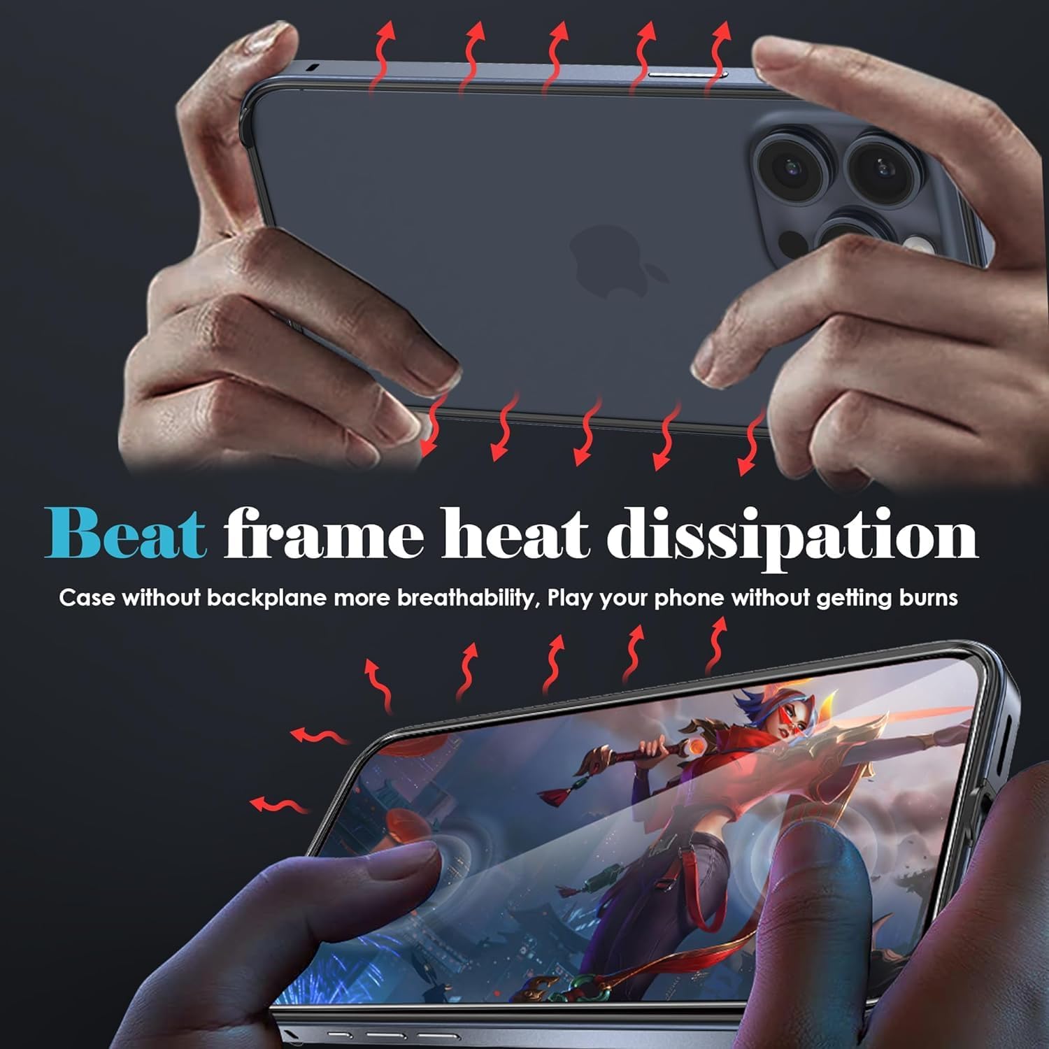Phone case illustrating heat dissipation with red arrows