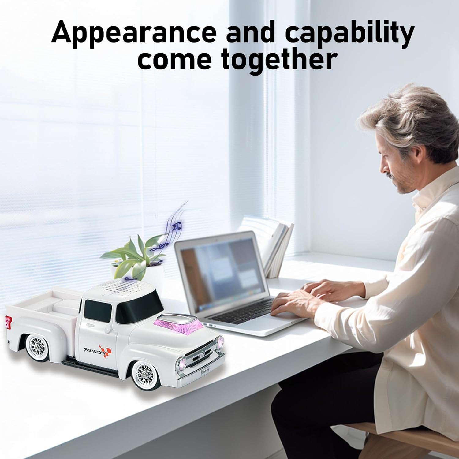 WSTER WS-538 Retro Pickup Truck Bluetooth Replica Speaker – Portable Wireless Car Model Speaker with FM, TWS, LED Party Lights, USB/TF Playback, Built-in Microphone, Type-C, Surprise Gift(White)