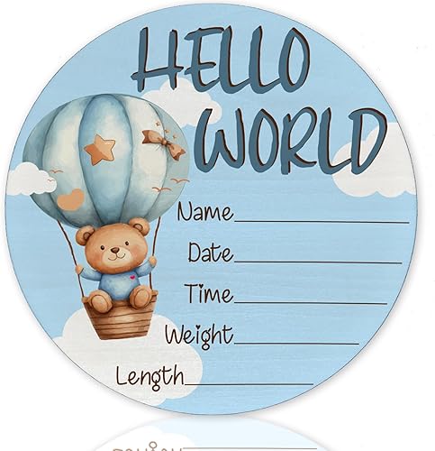 Letrero de anuncio de bebé, globo aerostático de oso azul Hello World, decoración de baby shower, decoración de guardería de madera de 6 pulgadas,
