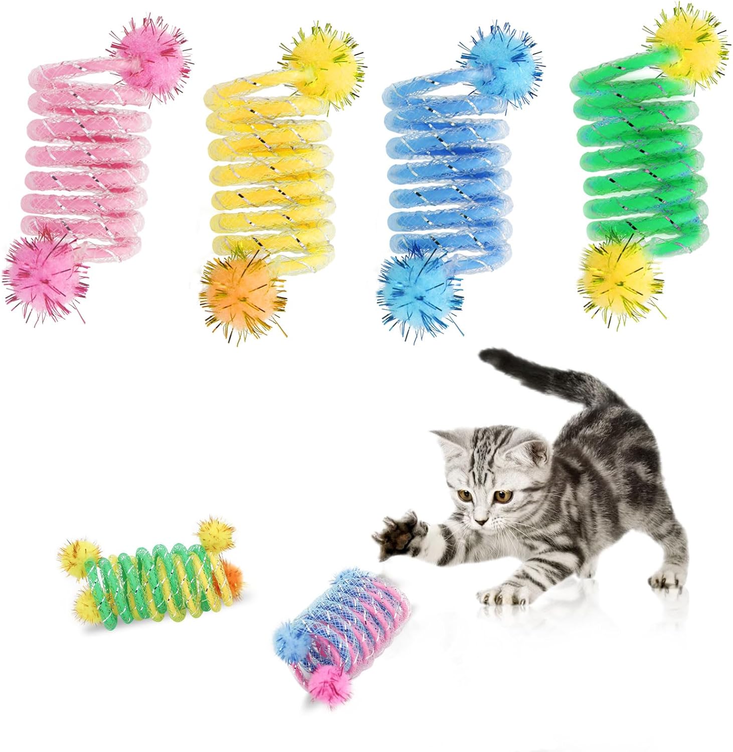 Spring Cat Toys with Plush Balls, 4 PCS Colorful Interactive Cat Toys for Indoor Cat Play, Kill Time and Keep Fit, Kitten Toys for Chasing, Jumping, Biting (4pcs)