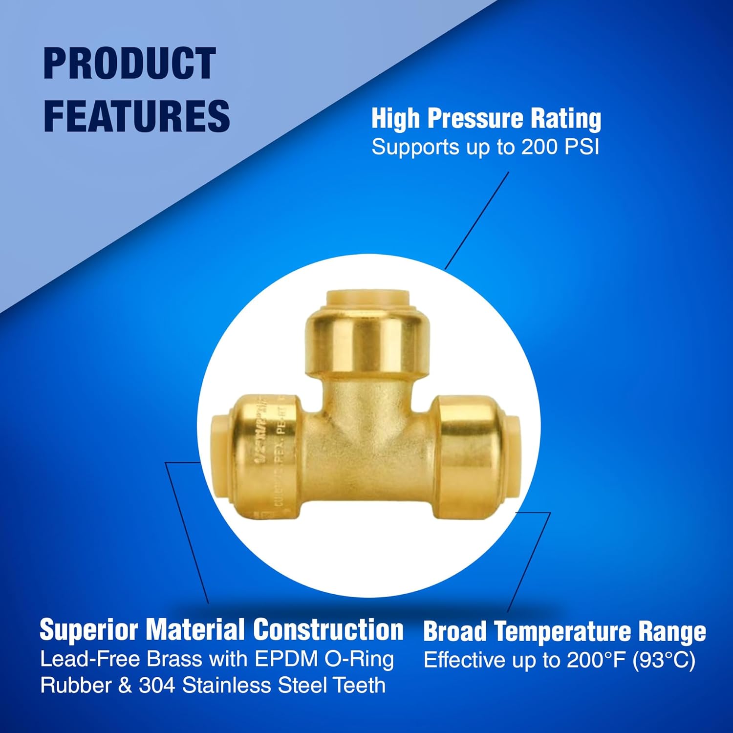 New Age America® 7pc 1/2" Pushfit Tee Fittings AquaFlow 360™ | Push-To-Connect | 6pc Tee & 1pc Removal Tool | 1/2 Inch | Lead-Free Brass Fitting | Push T Fittings | NSF/ANSI & UPC Certified