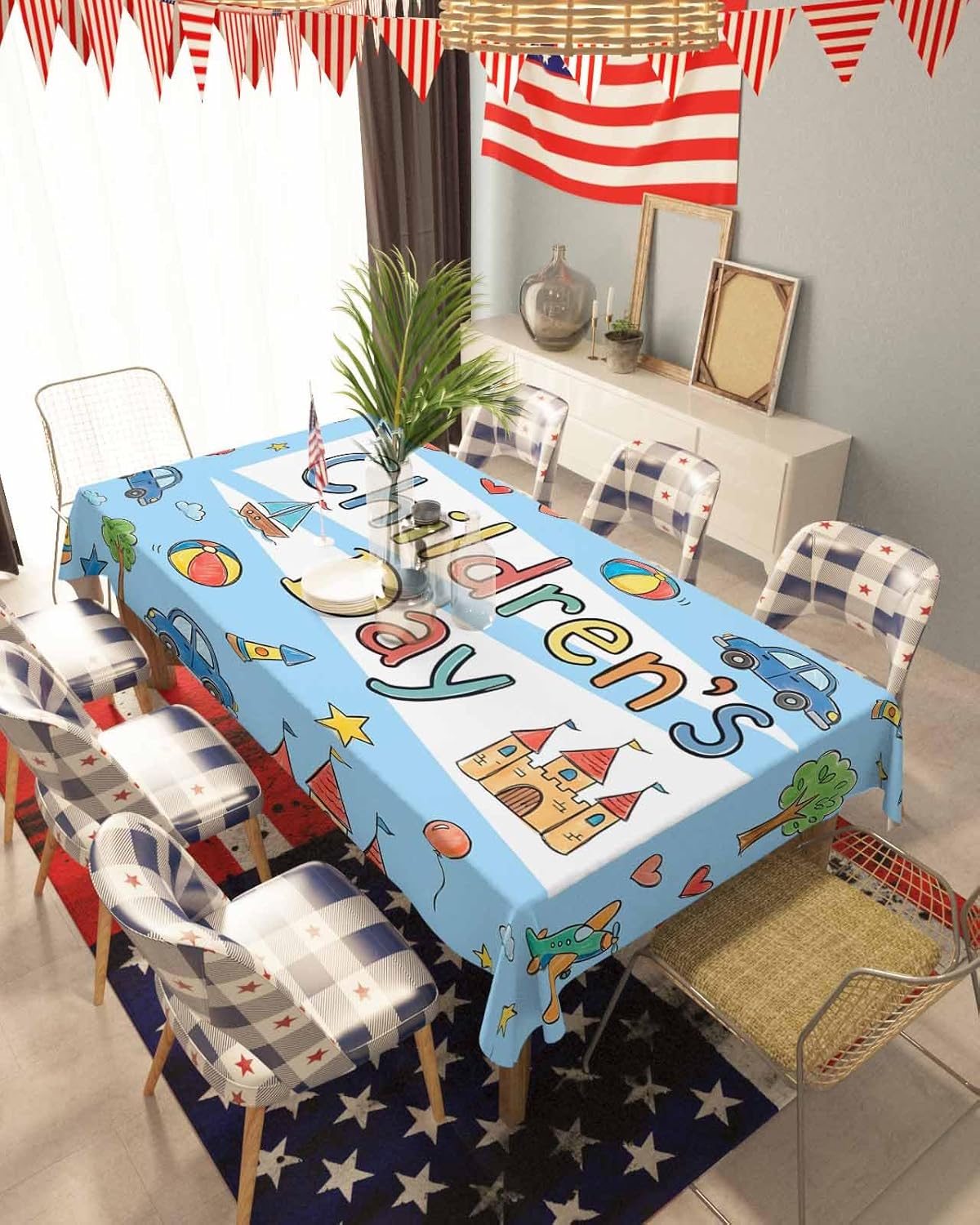 Children's Day Waterproof Table Cloth Cartoon Sun Airplane Castle Kite Boat Truck Balloon Blue Waterproof & Wrinkle Table Cover, Washable Polyester Soft Fabric Table Cloth for Outdoor Indoor Parties