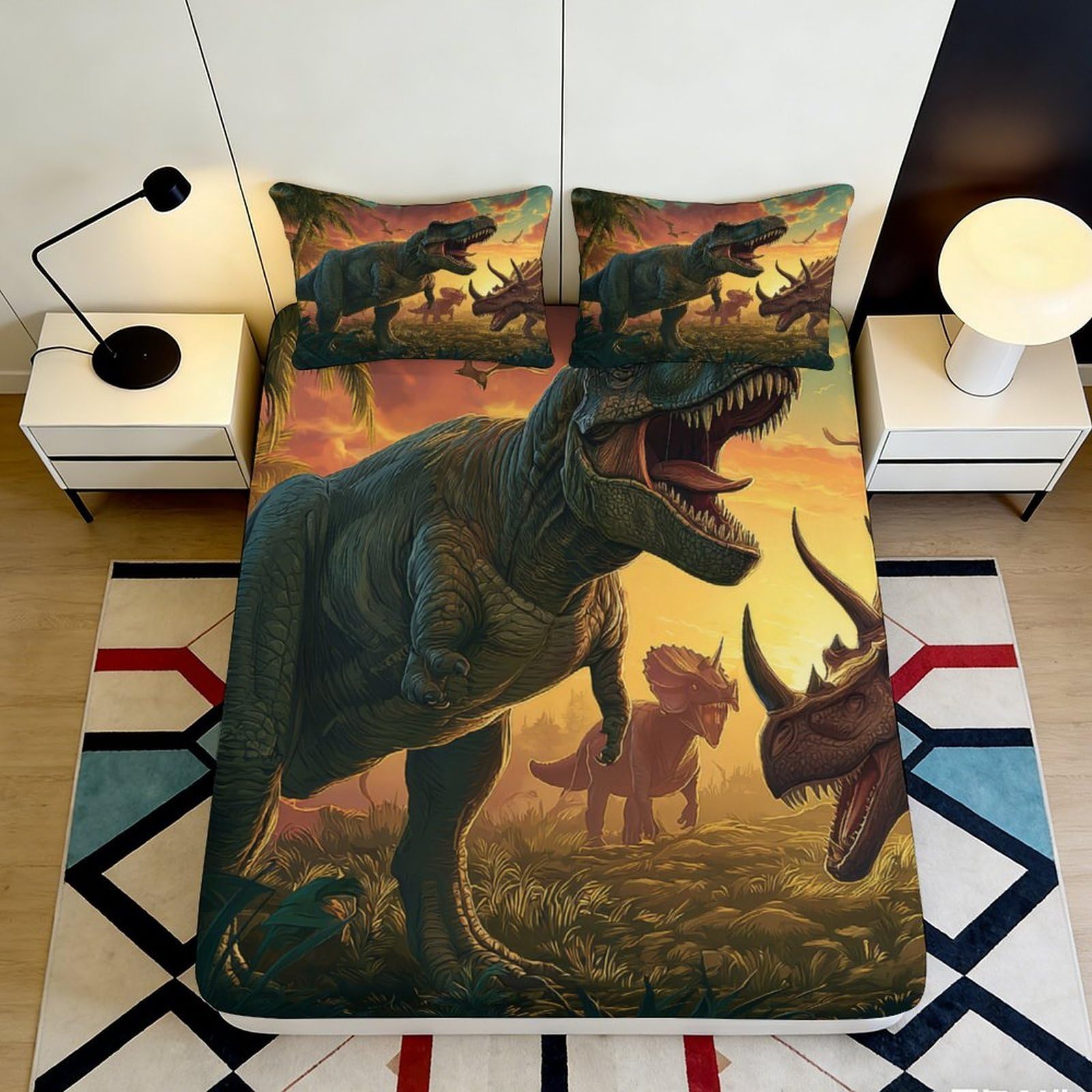 3D Printed Dinosaur Jurassic Fitted Sheet Microfiber Soft Anti-Slip Prehistoric Bed Cover for Bedroom Guest Room Decor 90x200x25cm