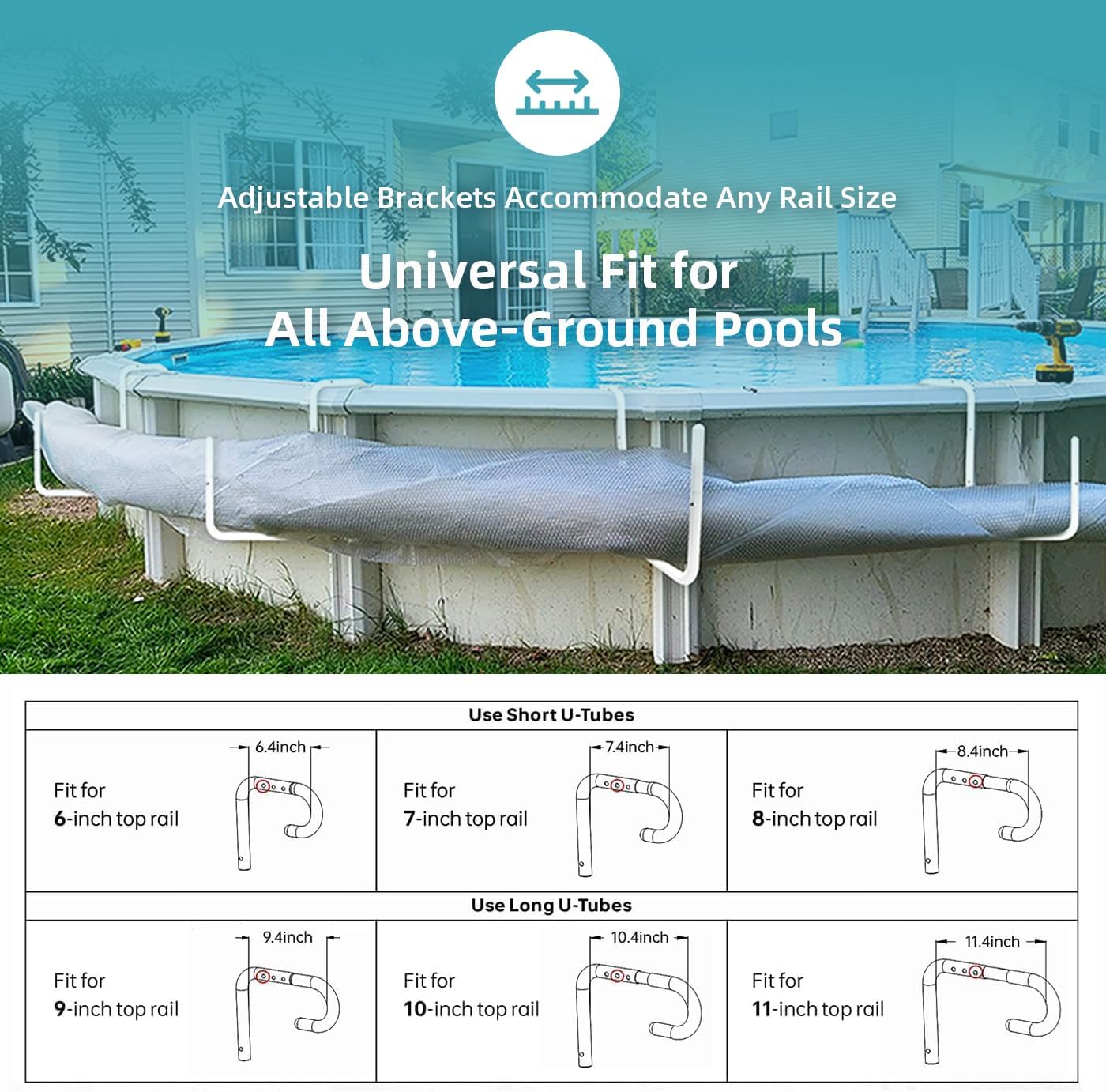 Adjustable Solar Cover Holder for Steel-Wall Above Ground Pools - Heavy-Duty 5-Pack, No Drilling Required