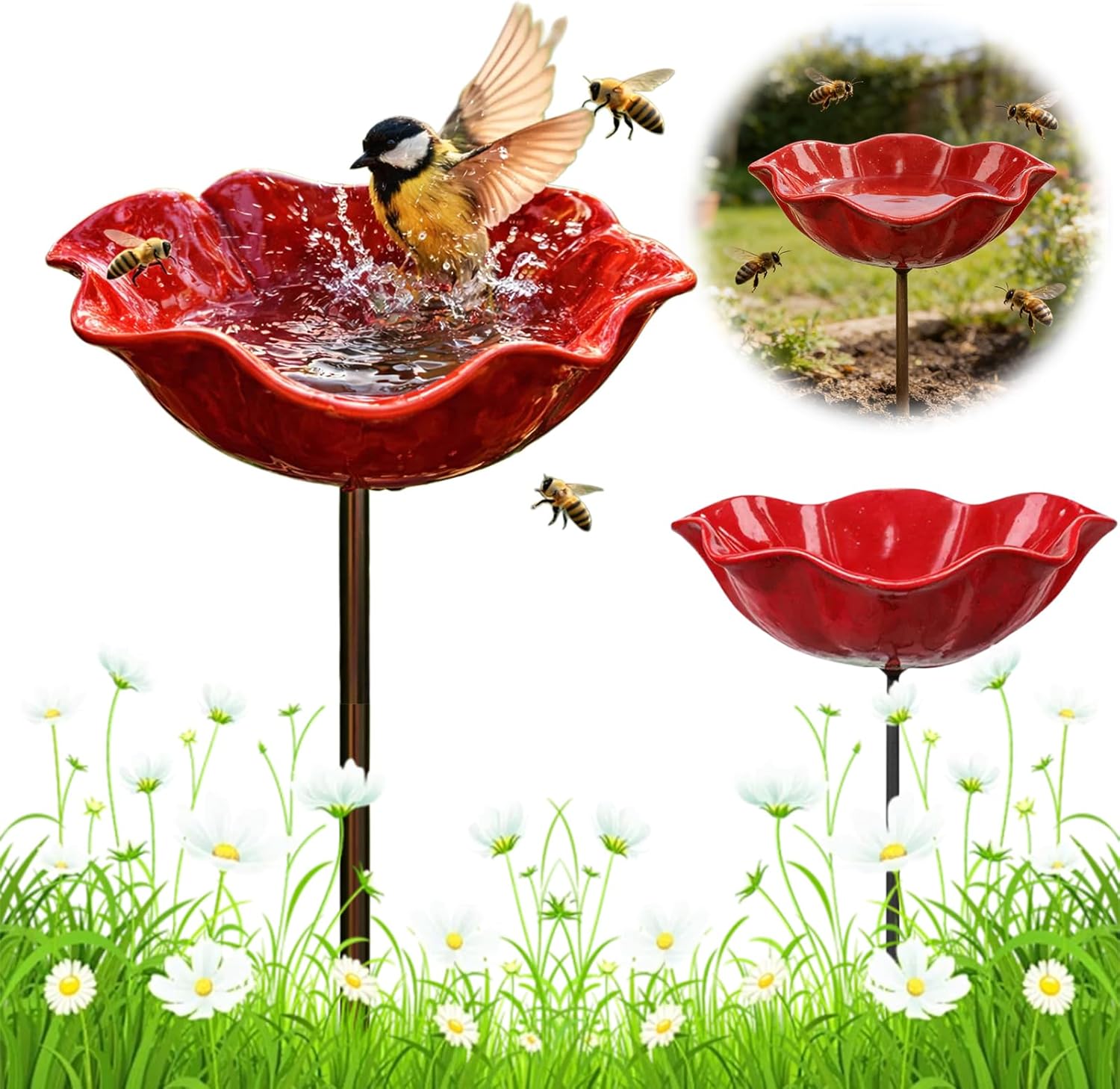 Bee Butterfly Pollinator Watering Station for Garden, Metal Rain Catcher Flower Garden Stake, Humming Bird Bath Stakes 3-Tiered Rain Catchers for Outside Bird Bee Watering Station Cup for Outdoor Yard