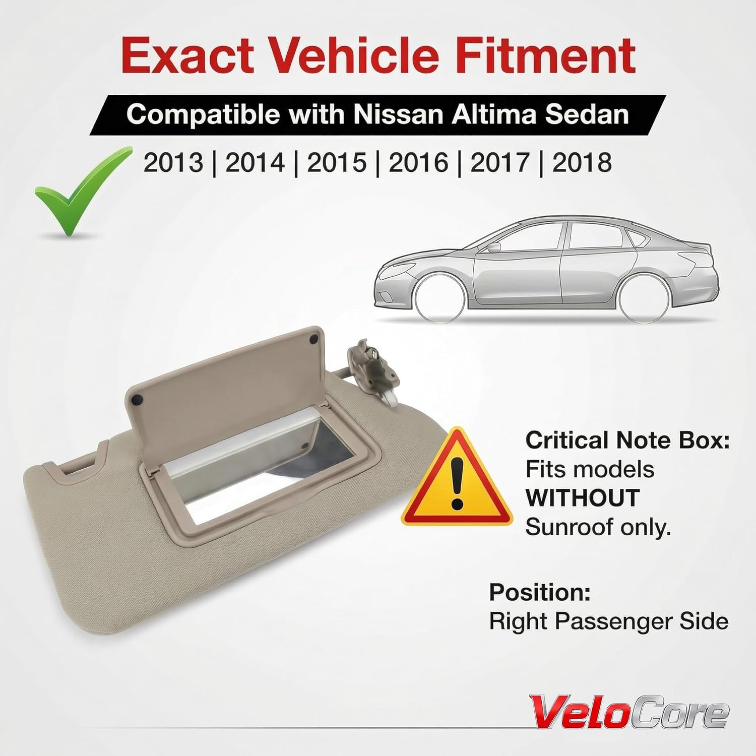 Right Passenger Side Sun Visor Beige with Light Without Sunroof Compatible with Nissan Altima 2013 2014 2015 2016 2017 2018 Replaces # 96400-3TA2A