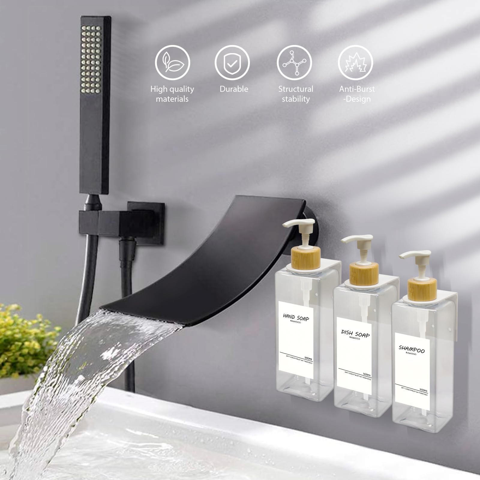 3 Distributeurs Savon Mural RISAKOGO 500ml - Étiquettes Incluses - Marron - Sans Perçage