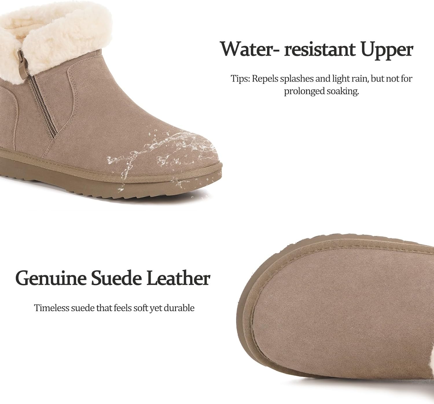 Hsyooes Snow Boots for Women Genuine Suede Leather Winter Boots Water Resistant Warm Booties Fur Lined Ankle Booties Fuzzy Classic Outdoor