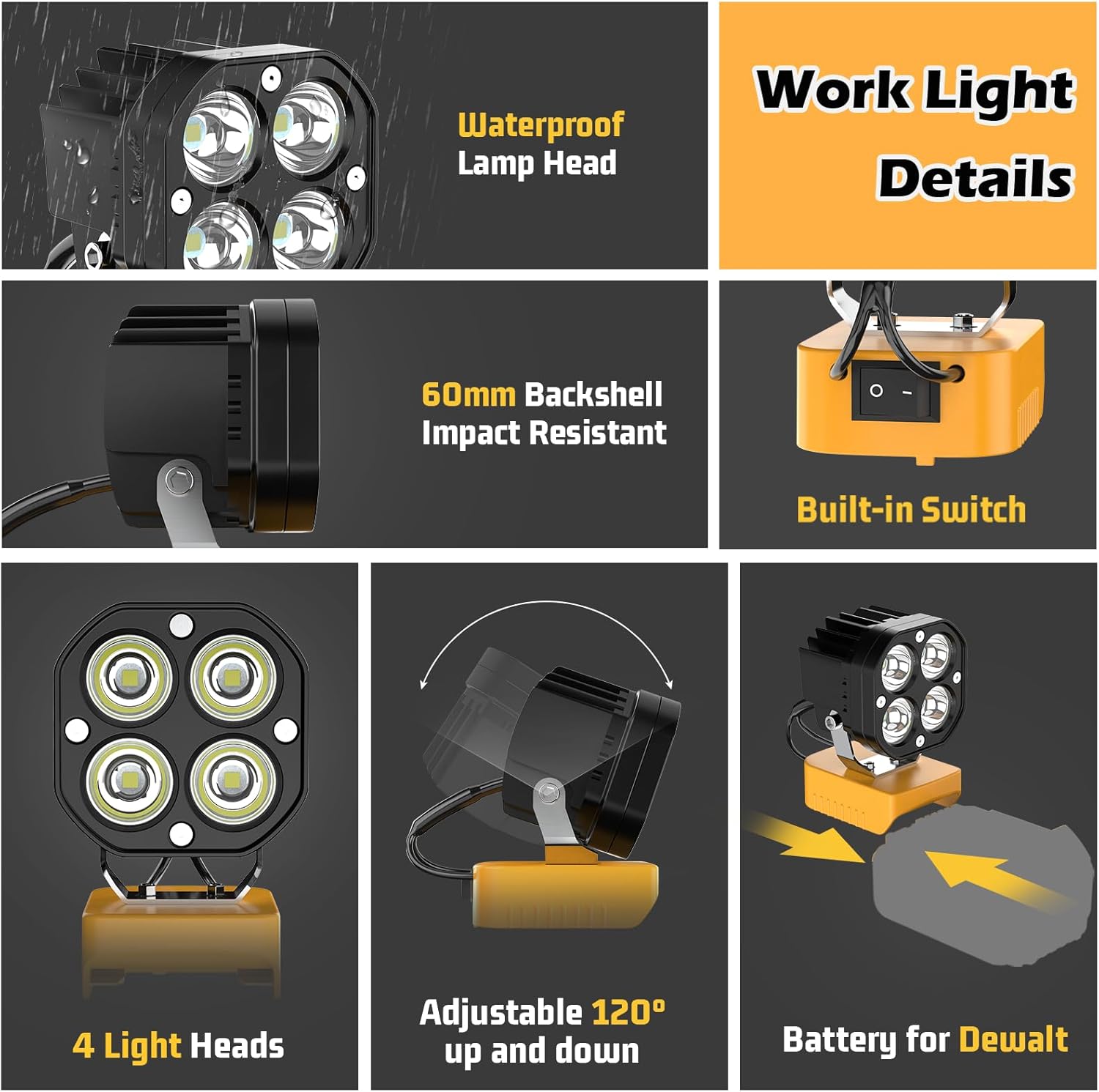 6000LM Work Light Compatible with Dewalt 20V Battery, Portable 40W LED Light with Low Voltage Protection Adjustable 120° Flashlight Gift for Car Repairing, Workshop, Outdoor, Emergency