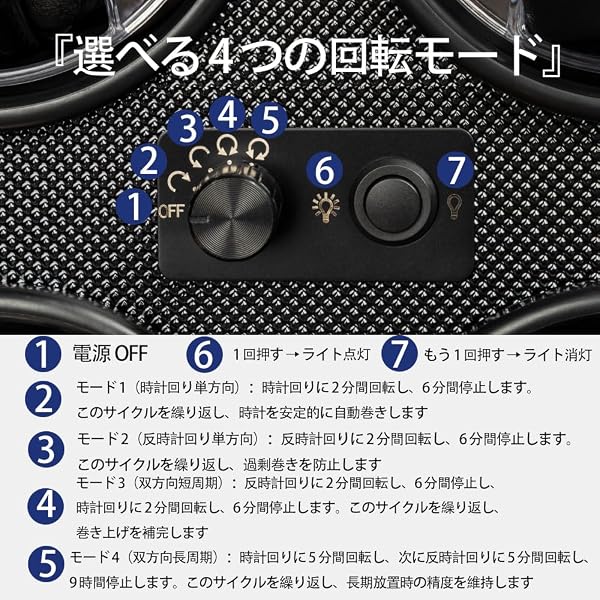 ワインディングマシーン ウォッチワインダー 自動巻き腕時計用 日本製マブチモーター搭載 4段階モード調整 LEDライト付き 木製 腕時計収納ケース 静音設計 (4本巻き) - 4