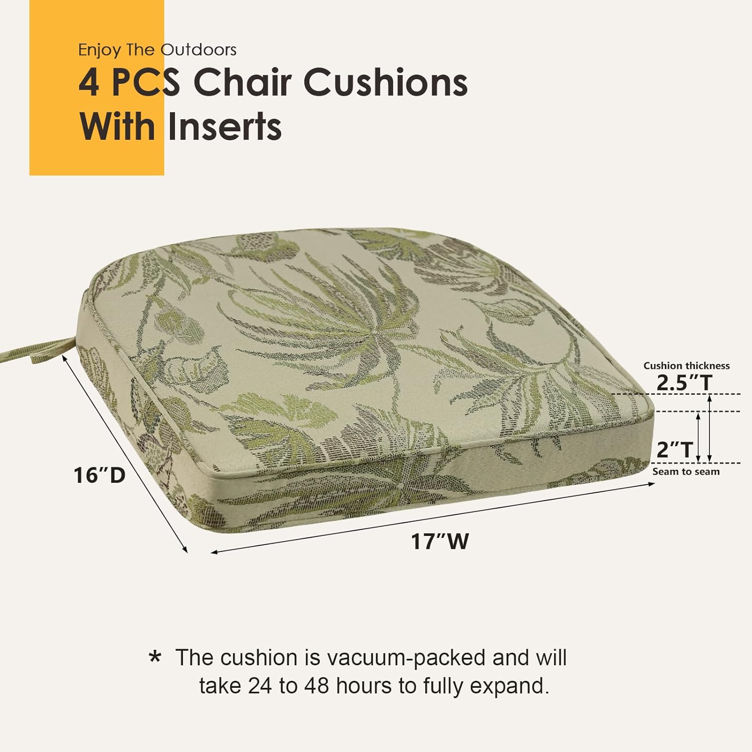 outdoor round corner seat cushion, 17"x16"x2", set of 4, non slip seat cushion pads with removable cover for patio furniture, garden yard lawn, dark green vine dark green vine 17"x16"