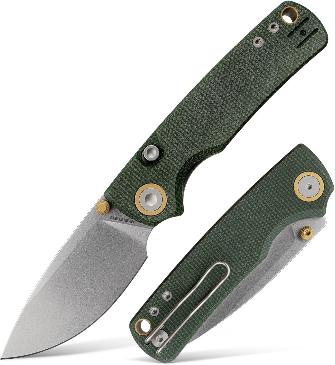 Vosteed Porcupine EDC Pocket Knife - 2.99" 14C28N Stonewash Blade - Top Liner Lock, Green Micarta Handle - Hunting, Fishing Knives - A2611