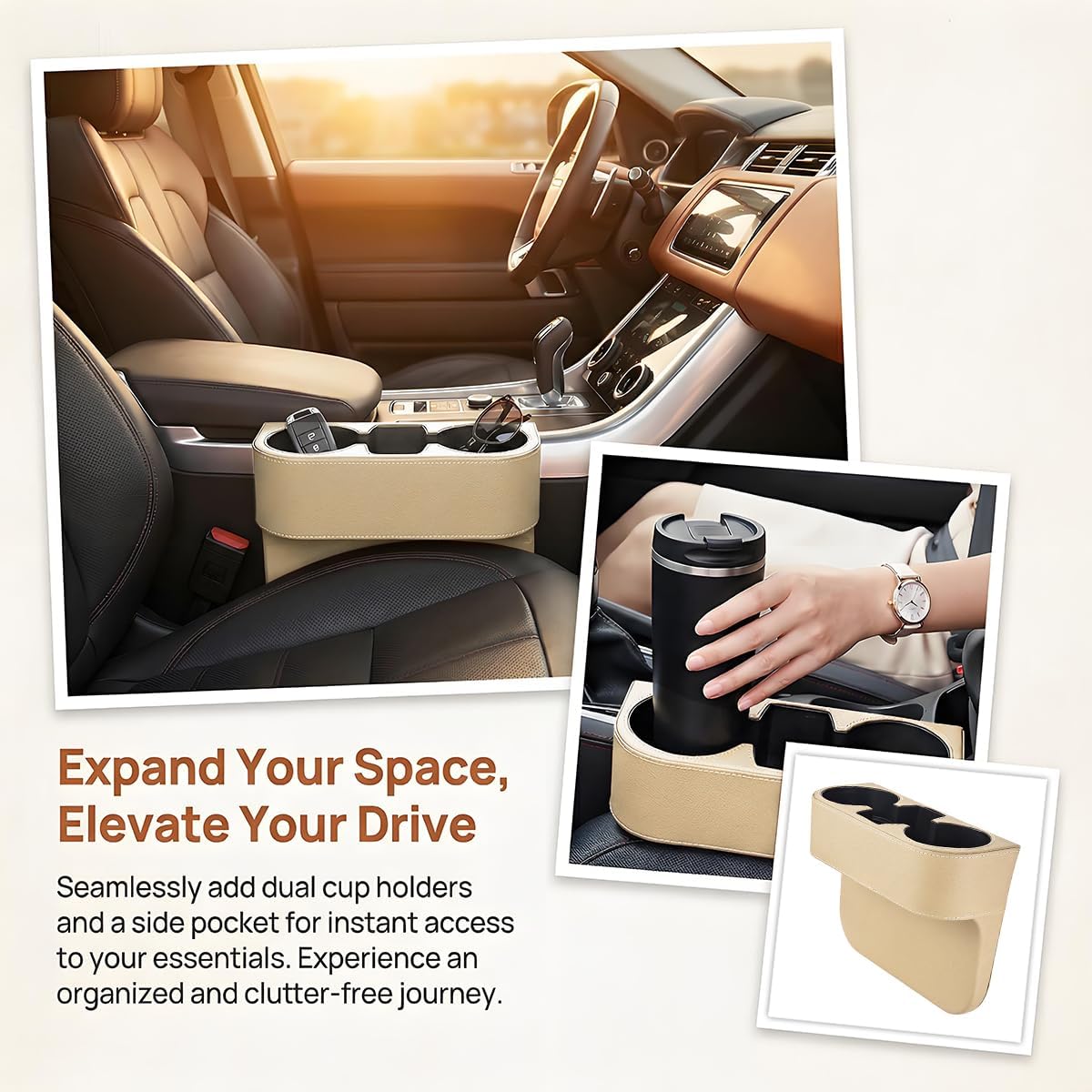 Car Cup Holder, Leather Multifunctional Vehicle Front Seat Storage Organizer, Automotive Interior Gap Filler Water Bottle Holder, Universal Fit (Beige)
