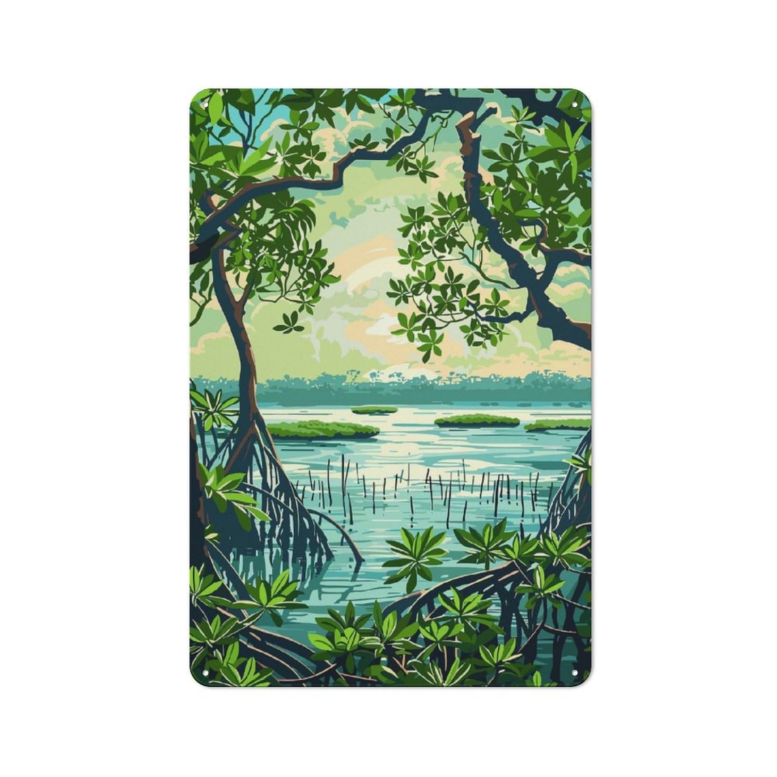 Mangrove Forest Landscape Illustration Warehouse Style Metal Wall Decor 30x20cm, Metal Wall Sign for Workspace, Cafe, Hallway Or Garage
