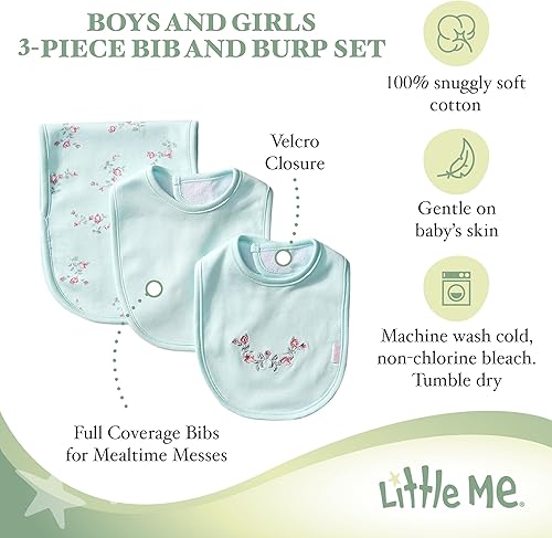 Miniatura 4 de Little Me Clothes for Baby Boys and Girls 2 Bibs and 1 Burp Cloth Set, Soft Cotton Feeding Essentials with Velcro Closures