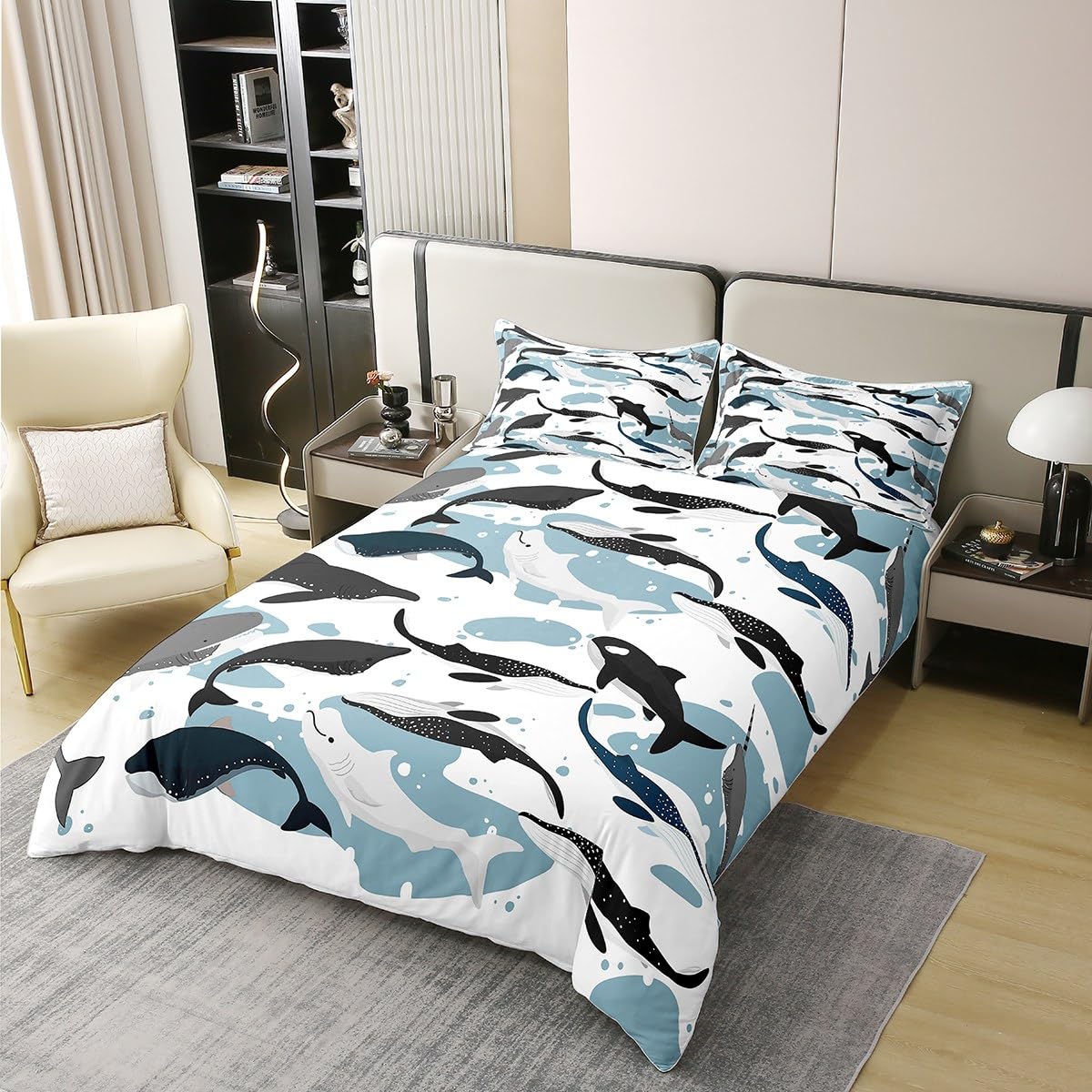 100% Cotton Whale Comforter Cover Queen, Marine Life Duvet Cover for Kids Boys Girls, Kawaii Cartoon Sea Animal Quilt Cover, Underwater Mammal Bedding Set, Dolphin Killer Whale Decor Bedspread Cover