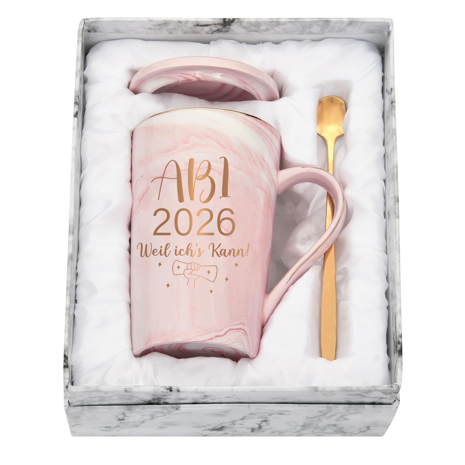 Abi 2026 Geschenke Kaffeetasse, Abitur 2026 Geschenke Mädchen, Junge, Abi 2026 Weil ich's kann Tasse, Abschluss Geschenk, 400ML Rosa Keramik Marmorbecher mit Deckel, Löffel und Geschenkbox