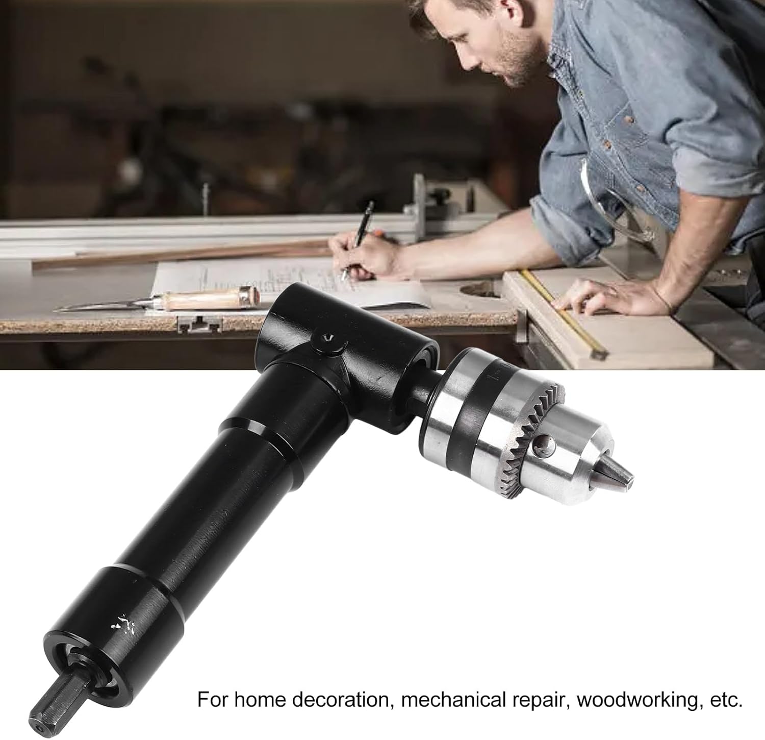 Right Angle Converter, Plastic Electric Drill Right Angle Adapter, Wear Resist Electric Drill Chuck Attachment for Home Industrial Repair (Metal Version+Key)