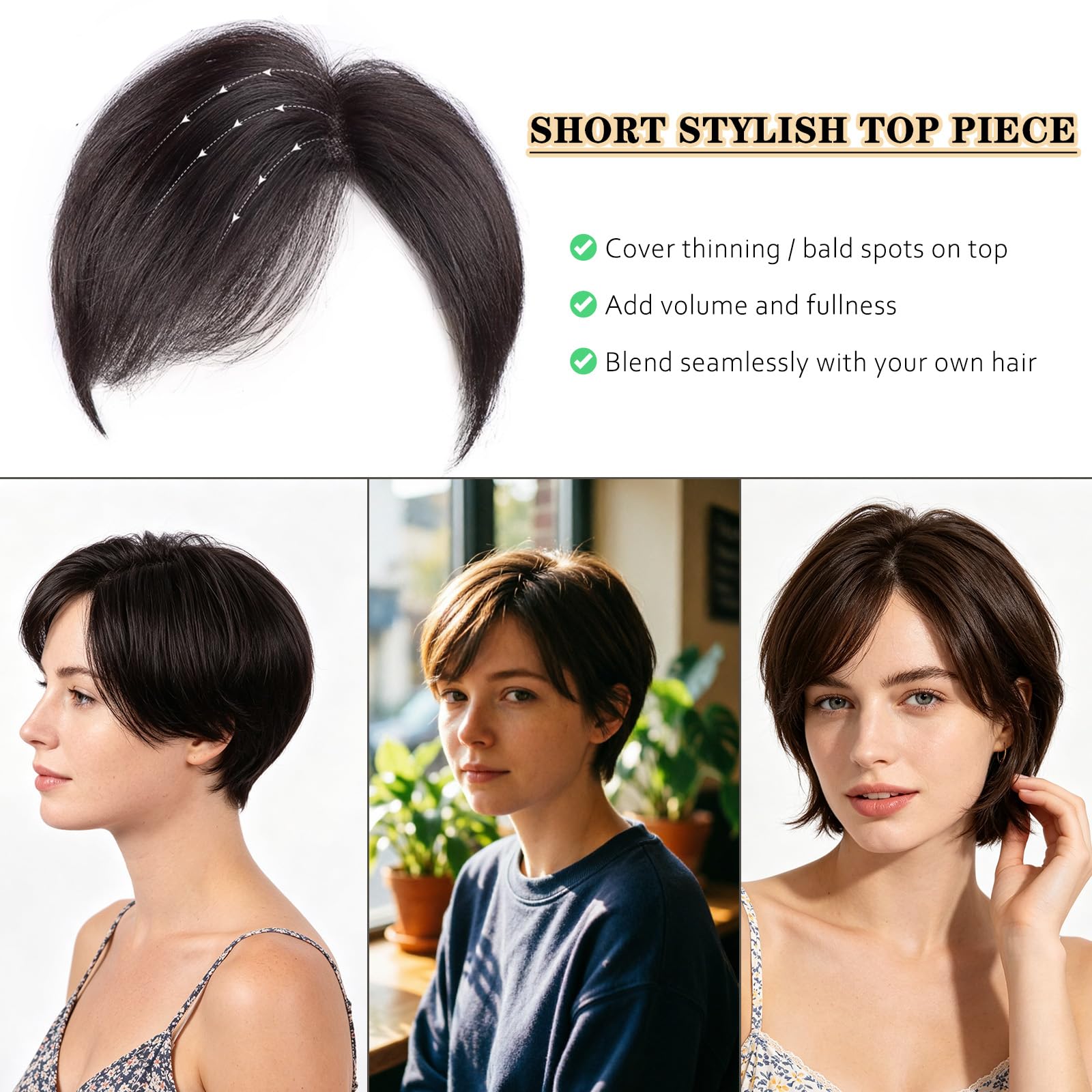 Kurzhaar Echthaar Topper für Damen,Mokka Braun Remy Echt-Menschenhaar Clip-in Haarteil 16x18cm handgeknotete Basis Links-Scheitel Haaraufsatz gegen dünnes Haar & graue Haare 15cm Haarlänge