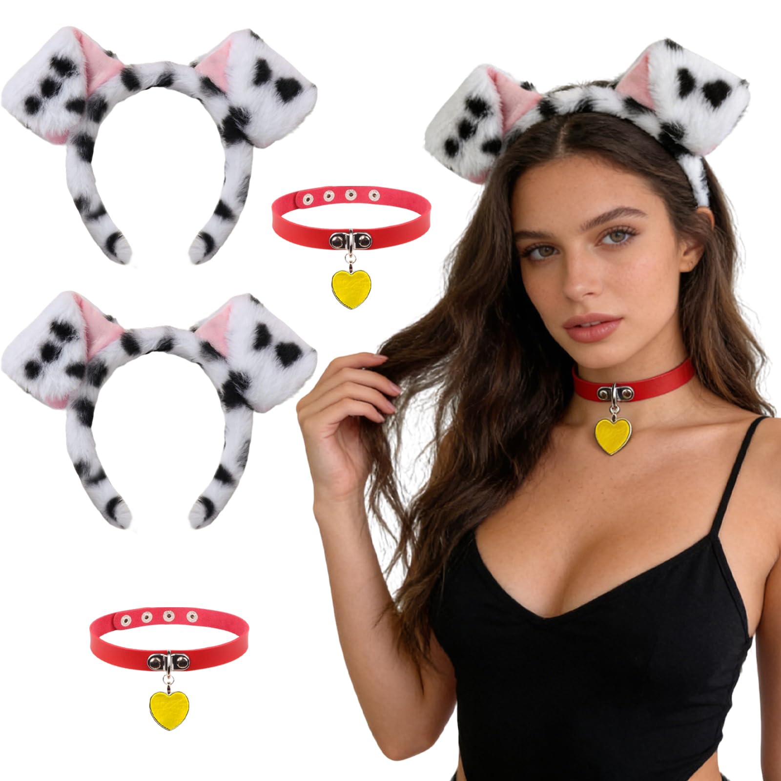 YAEGIMHT Dalmatian Dog Costume Accessories Set Dalmatian Dog Ears Headband Velvet Collar Dalmatian Fancy Dress Up for Carnivals Halloween Cosplay Dog Party World Book Day (4)
