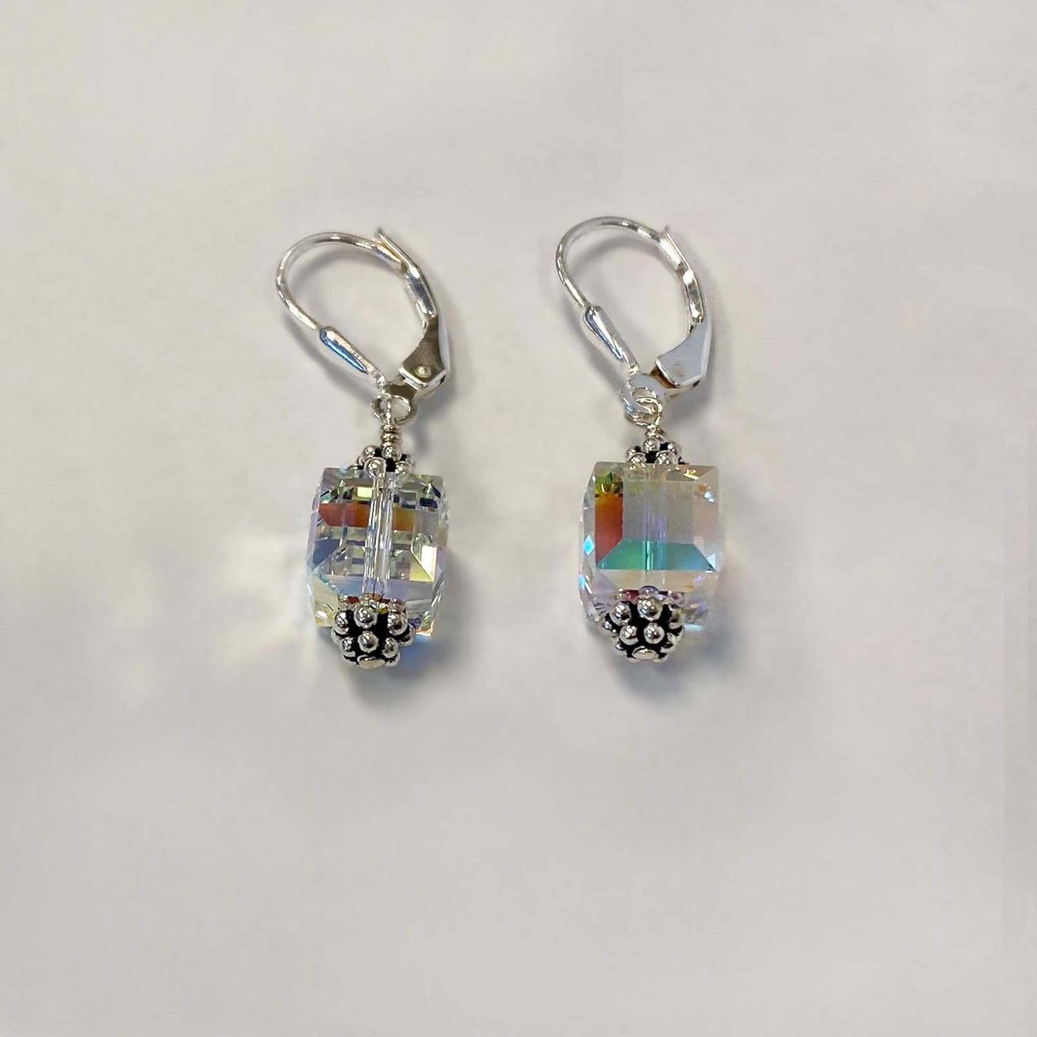 925 Sterling Silver Clear AB Austrian Crystal 8mm Cube with Bali Beads Handmade Drop Earrings