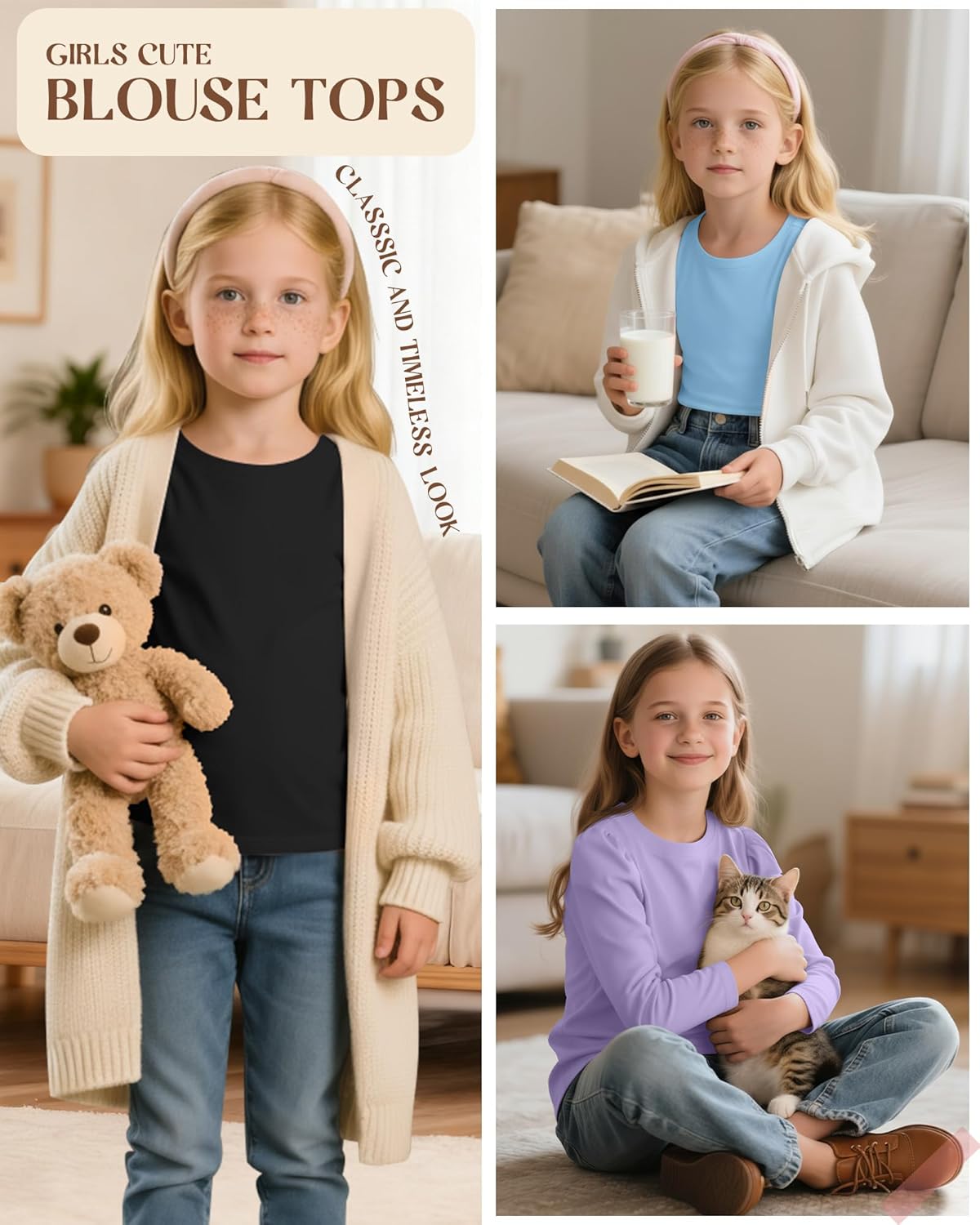 3 Pack Girls Puff Long Sleeve Shirts Soft Crew Neck Layering Tops Kids Fall Basic T Shirts Solid Casual Tees - Image 5