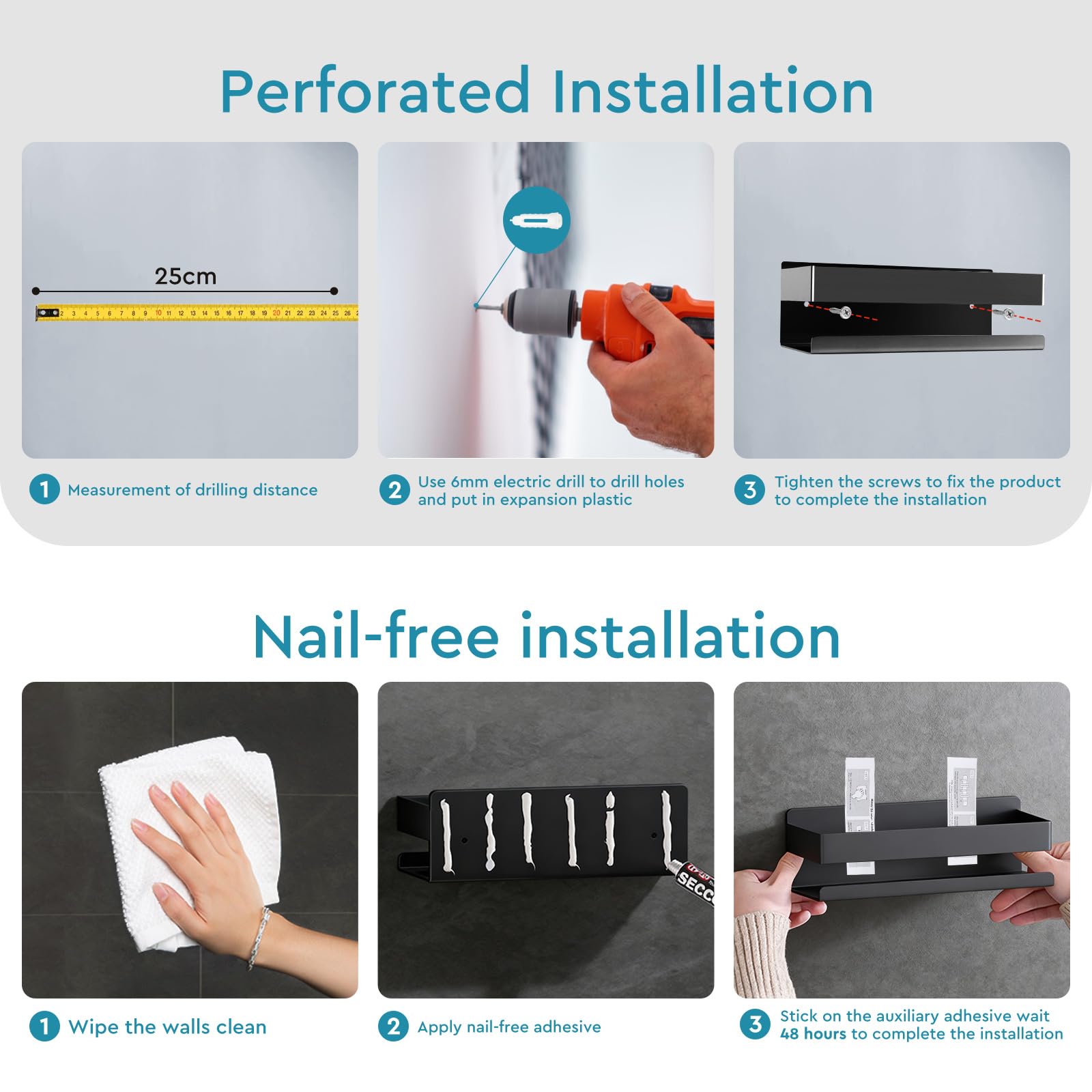 UUlioyer Doucherek Zonder Boren, No-Drilling Adhesive Wandmontage Badkamer Doucheplank, Bathroom Organizer voor Badkamer Keuken Opslag, Zwart (Basisversie