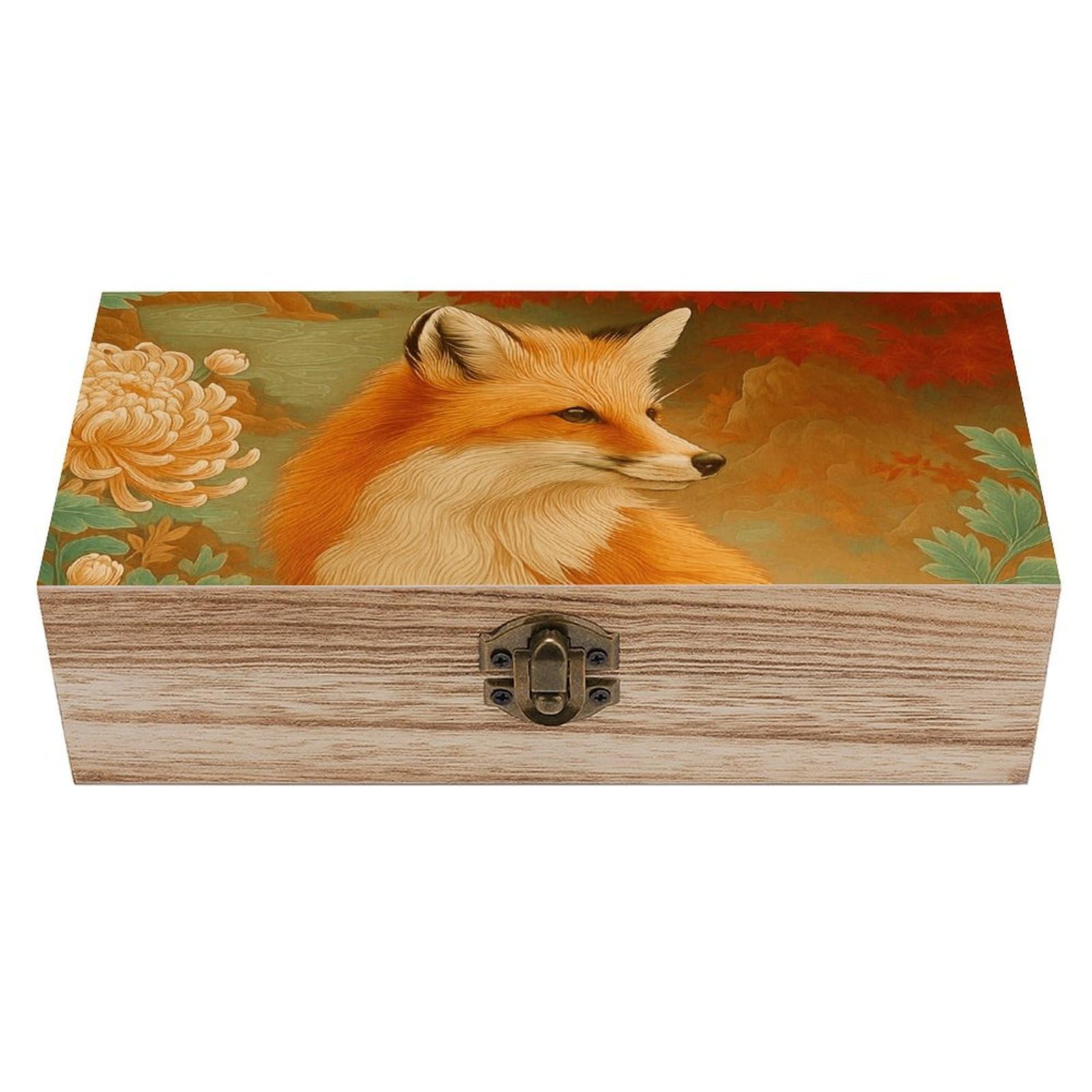 SMAZDFXX Charming Autumn Fox And White Chrysanthemum Wooden Storage Box Multipurpose Decorative Box for Jewelry Photo Home Decor