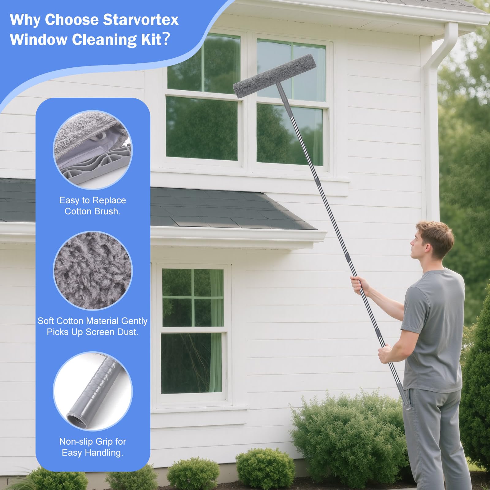 Lavavetri con Manico Telescopico 300cm, 3 in 1 Professionale Kit Pulizia Vetrate con Tira Acqua in Silicone e Lavavetri in Microfibra, per Vetri Finestre, Vetri Auto e Pannelli Fotovoltaici Pulizia