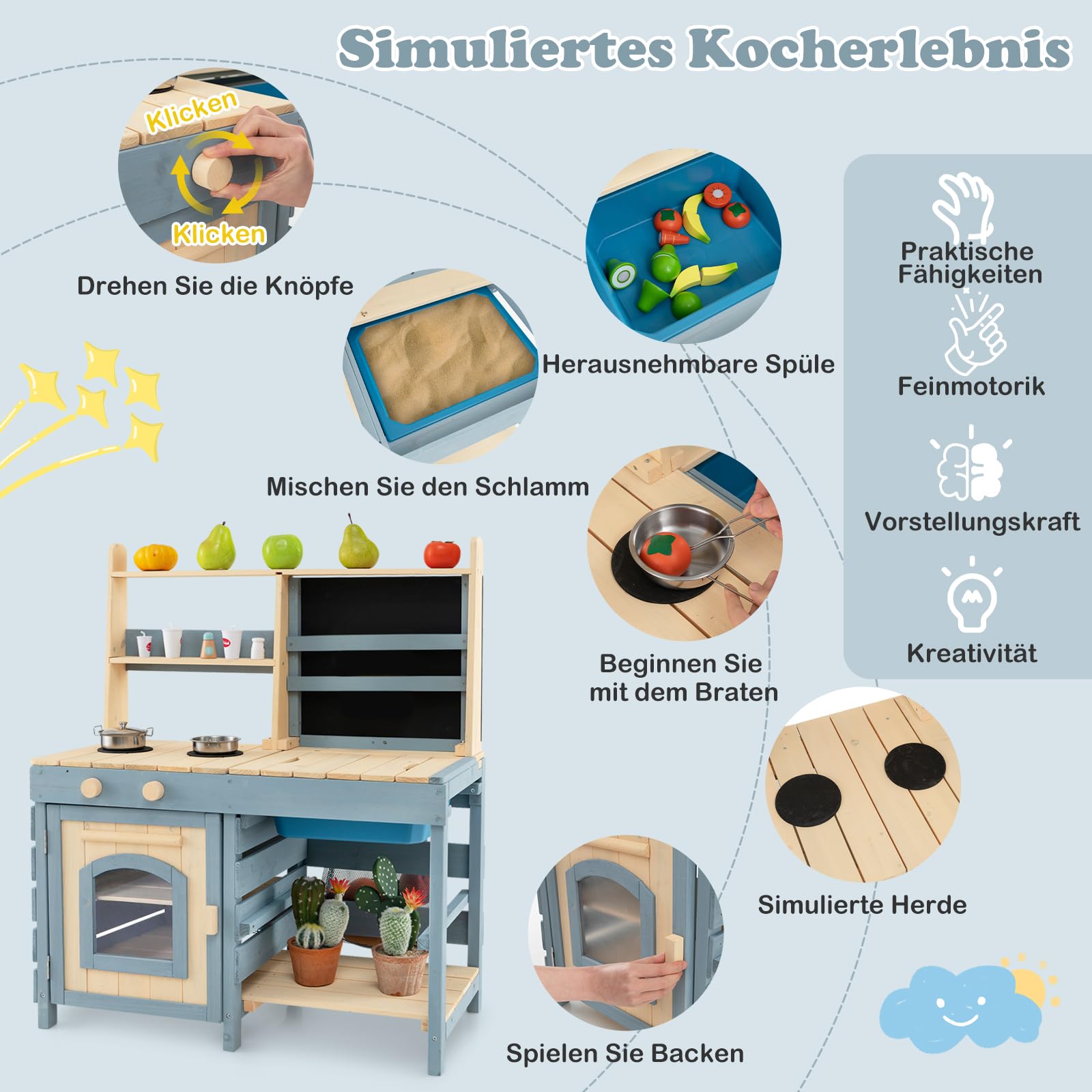 COSTWAY 2 in 1 Kinderküche & Kaufladen, Matschküche Outdoor Kinder, mit Tafel, Metallkörben, Aufbewahrungstasche, Wasserhahn & Waschbecken, Spielküche Holz, Holzküche für Kinder ab 3 Jahren