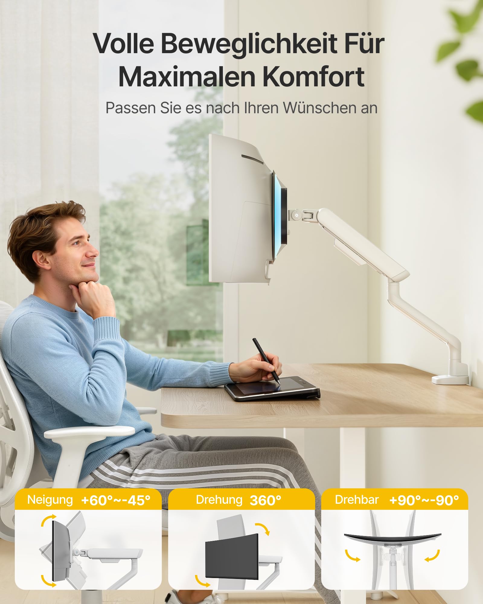 monTEK Brazo Monitor para Pantallas Ultrawide 17-40 Pulgadas | Soporte de Escritorio de Resorte Mecánico Resistente hasta 12kg, VESA 75/100mm, Ajustable con Montaje de Pinza y Ojal