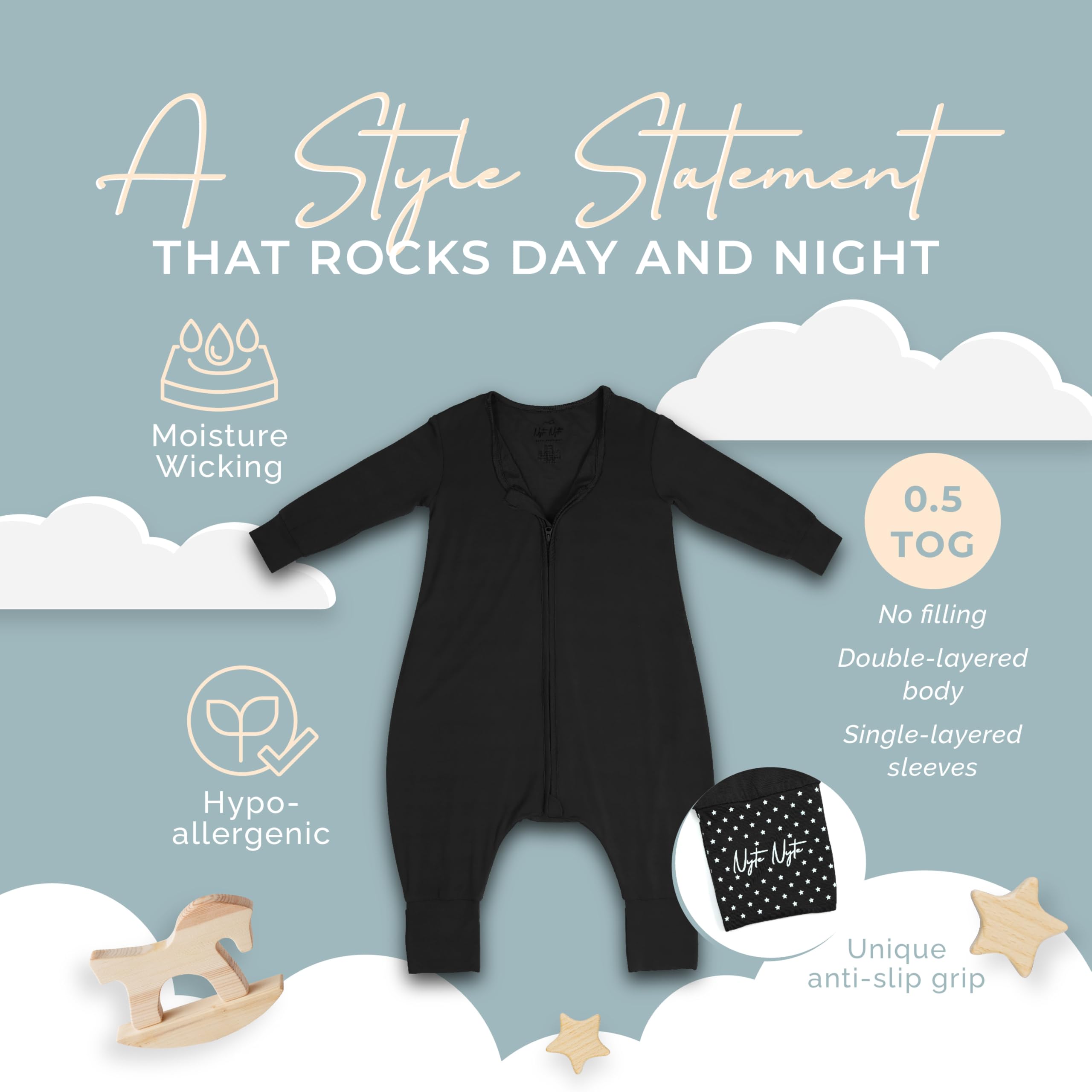 Nyte Nyte Baby- 0.5 TOG Black, 12 to 18 Months SnuggleSack Sleep Sack Rumper W Sleeves, Adjustable Feet Cuffs & Anti-Slip Grip