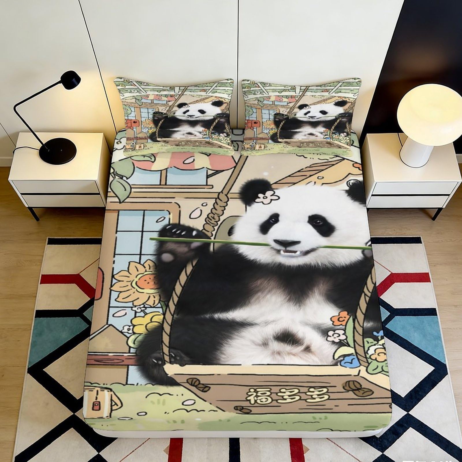 3D Printed Panda Cartoon Fitted Sheet Microfiber Soft Anti-Slip Mattress Cover for Bedroom Dorm Room Decor 140x200x25cm